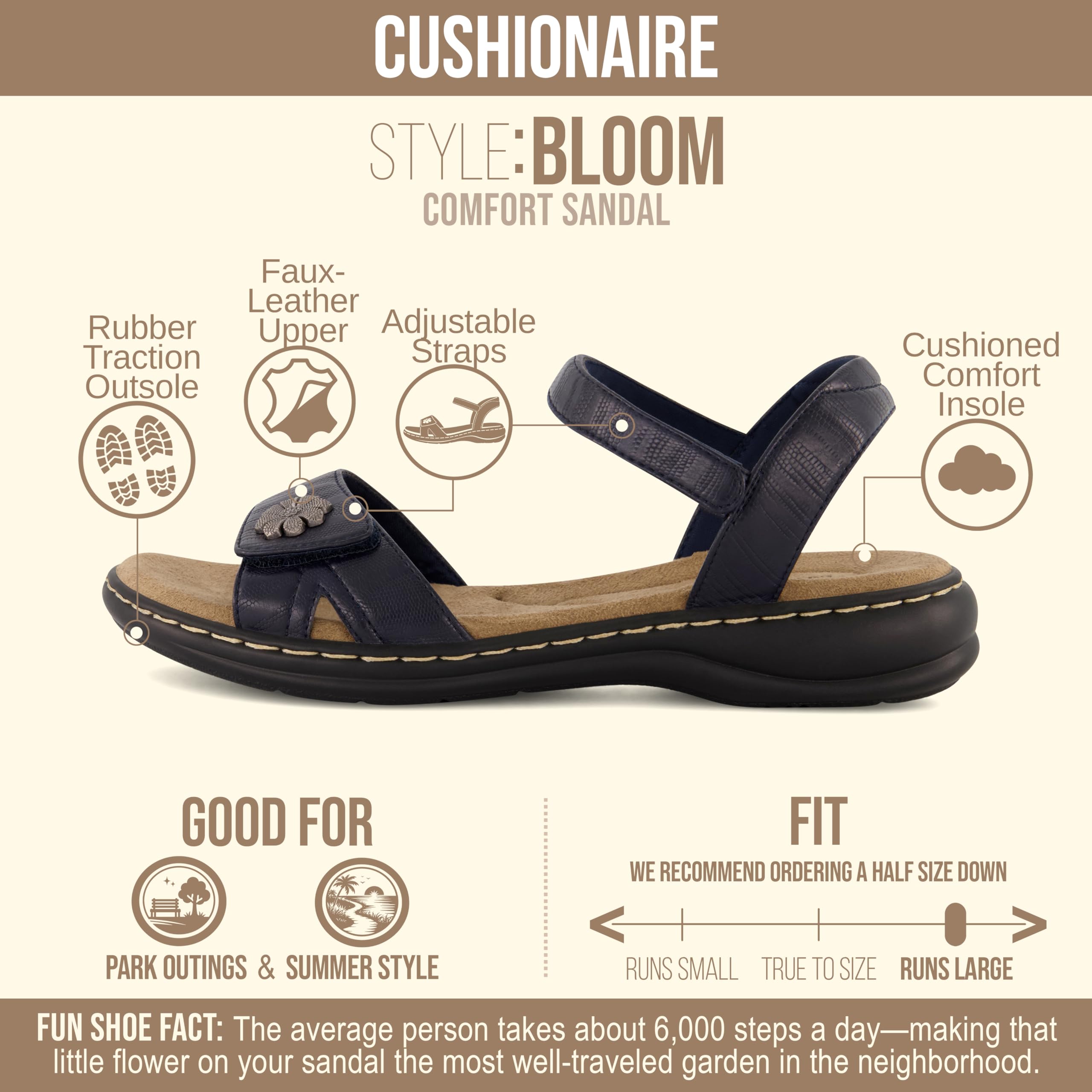CUSHIONAIRE Bloom Comfortable Dressy Womens Sandals with Arch Support, Adjustable Straps, and Memory Foam Footbed.