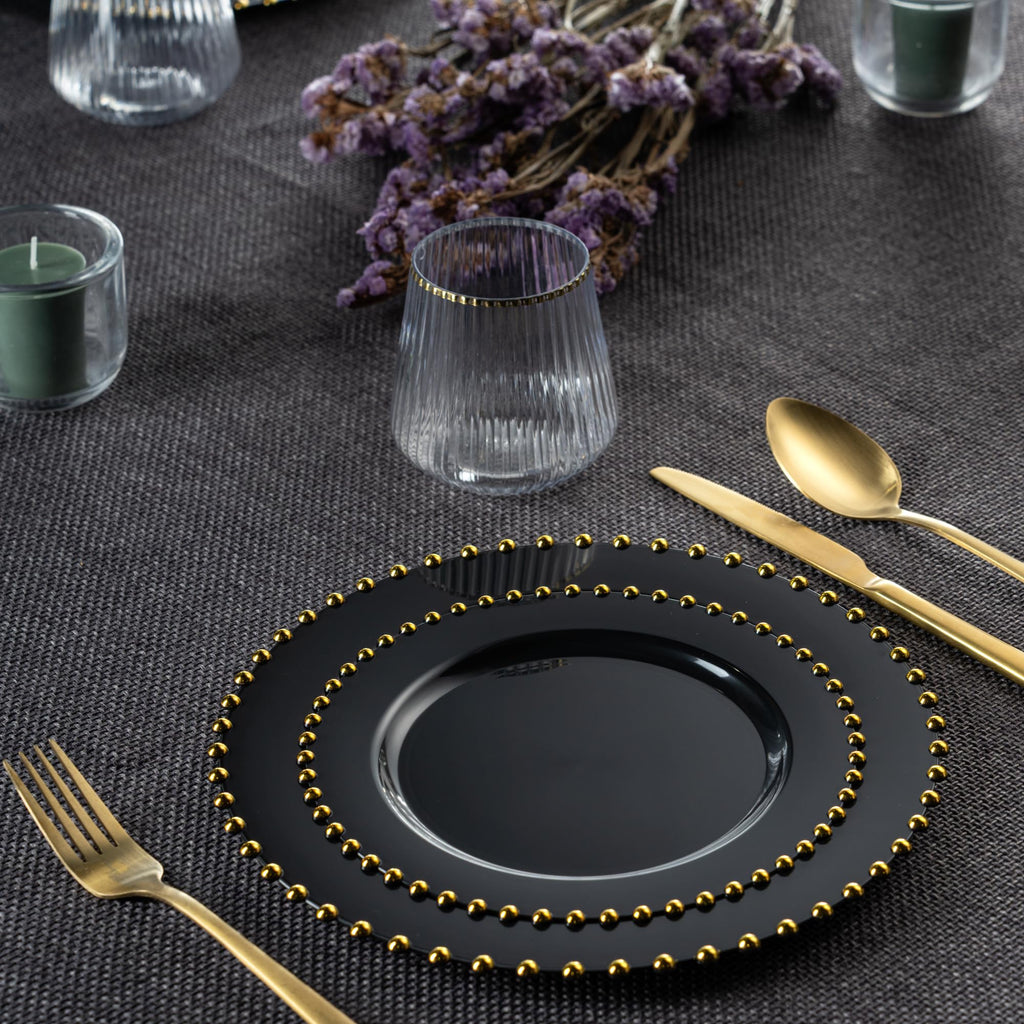 PLASTICPRO 32 Piece Combo Plastic Dinner Plates Disposable Plastic Fancy Heavy Duty Party Dishes 7 inch and 10 inch, Black and Gold Beaded