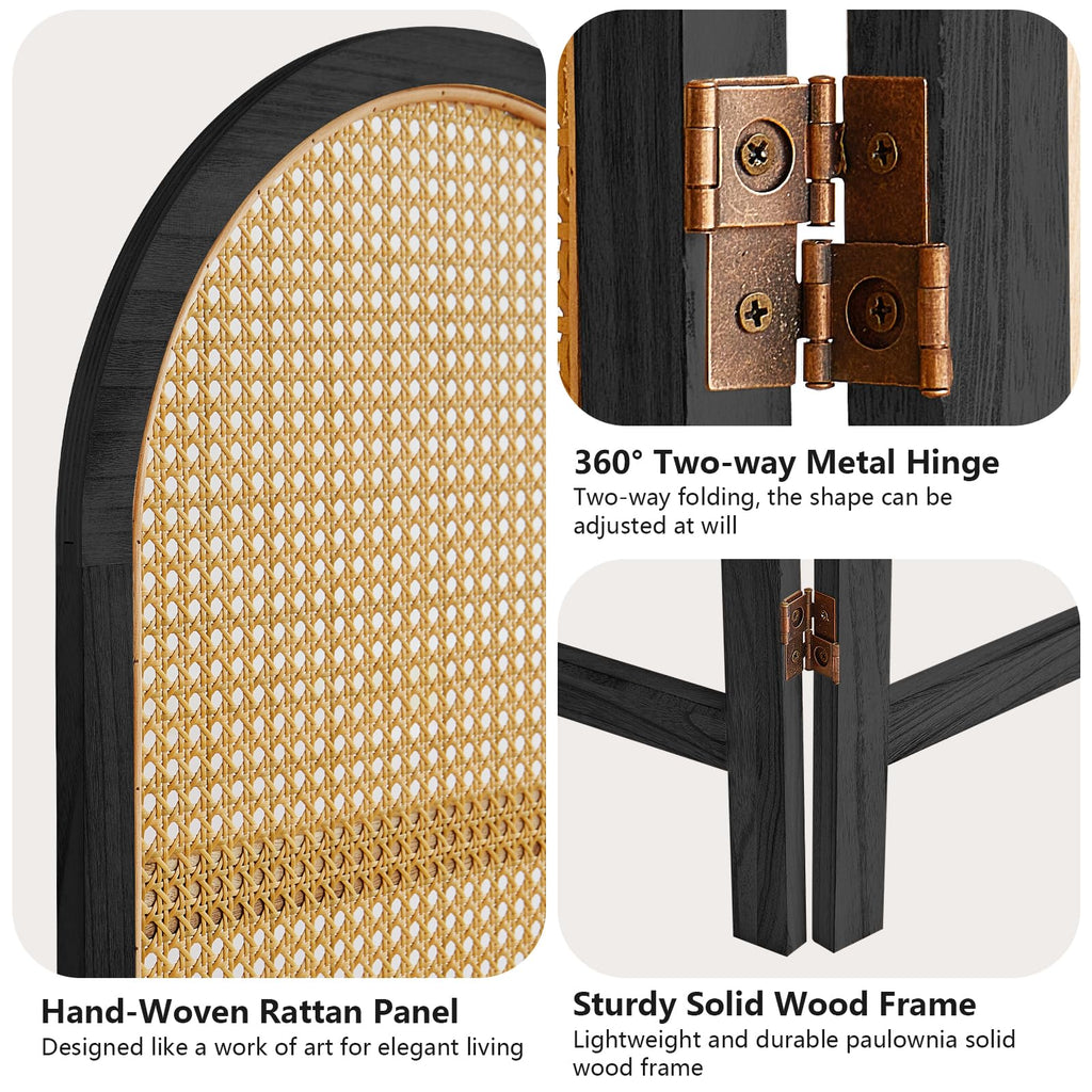 Hand-Woven Rattan Room Divider 3 Panels, 5.9 Ft Tall Wood Room Divider Panel, Partition Screen Divider Wall, Folding Privacy Screen, Wall Divider for Room Separation Home Office - Black