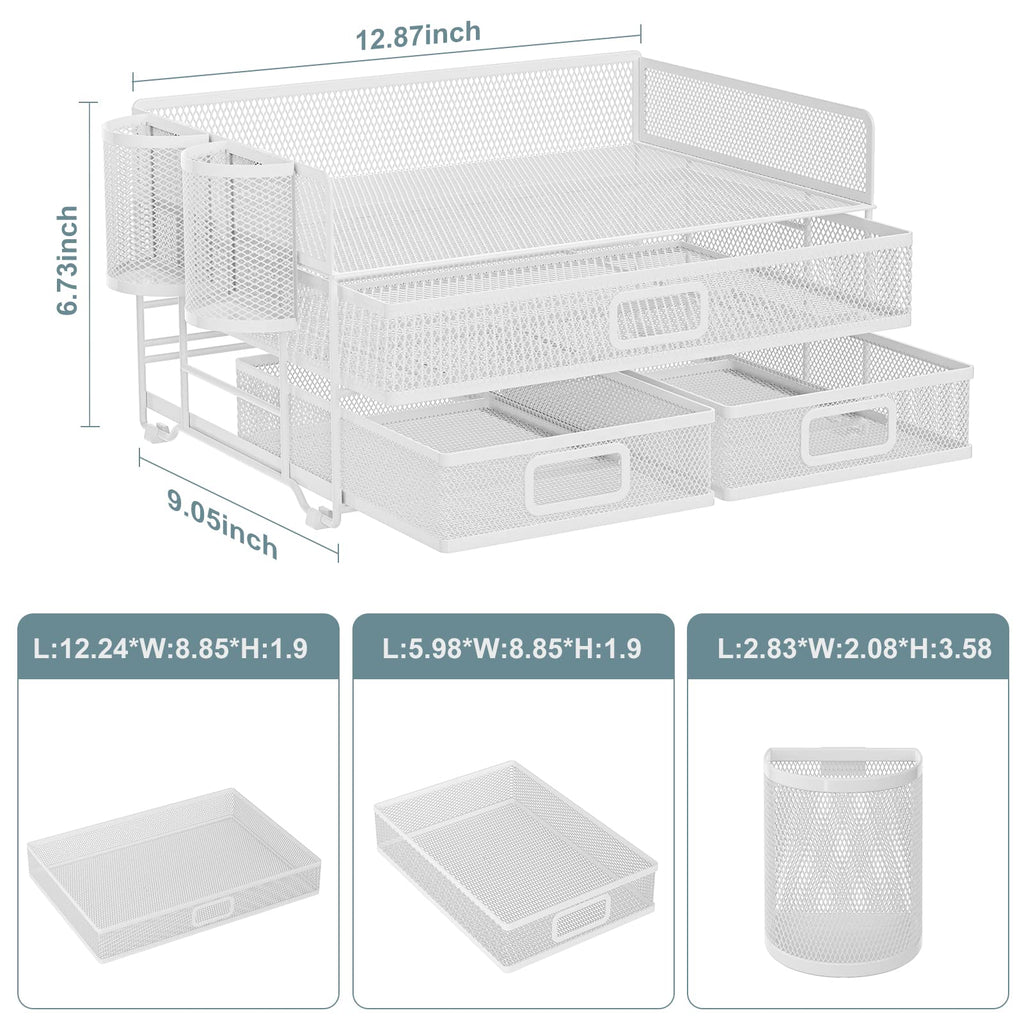 Marbrasse 3 Tier Mesh Desk Organizer with Drawer, Multi-Functional Desk Organizers and Accessories, Paper Letter Organizer with 2 Pen Holder for Home Office Supplies (Black)