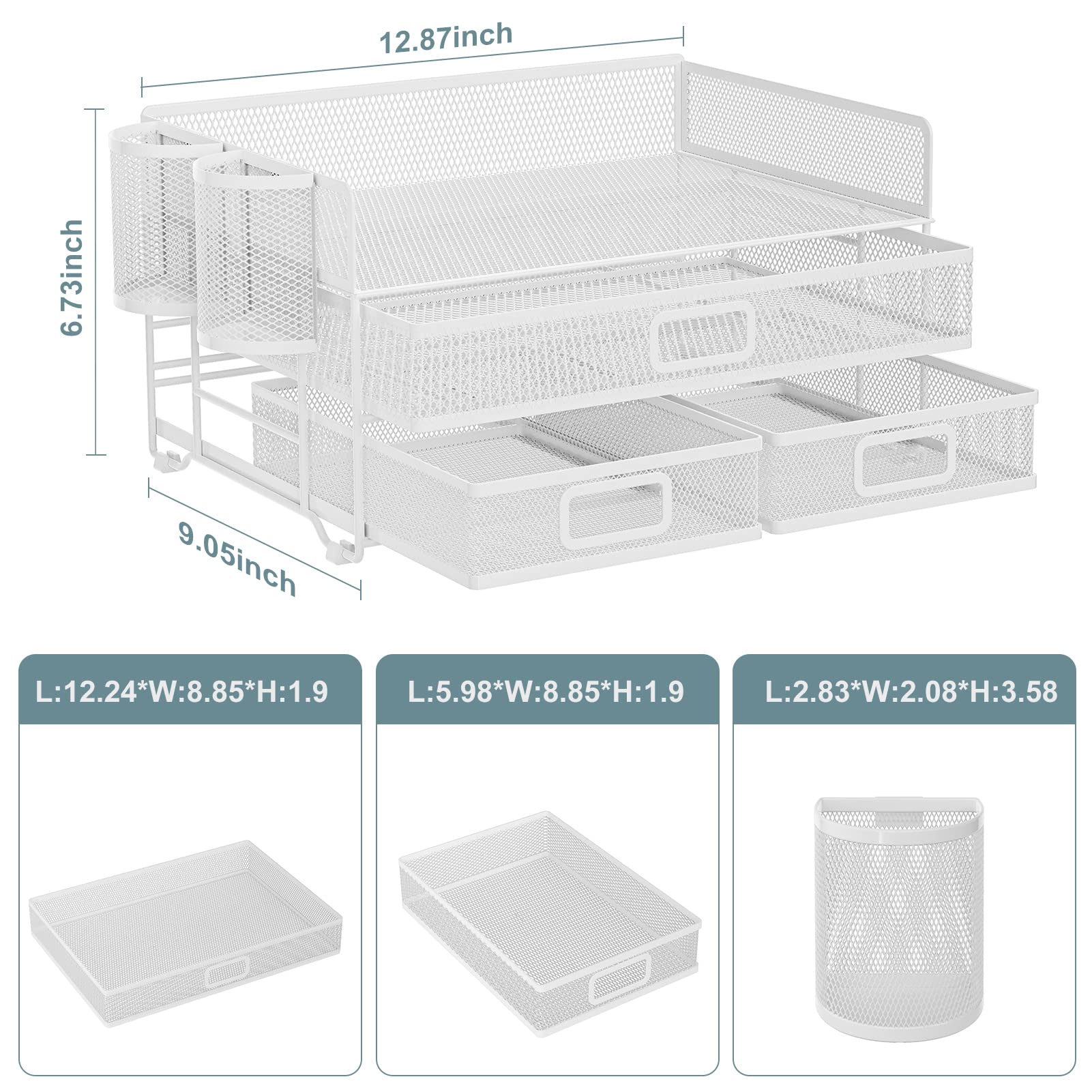 Marbrasse 3 Tier Mesh Desk Organizer with Drawer, Multi-Functional Desk Organizers and Accessories, Paper Letter Organizer with 2 Pen Holder for Home Office Supplies (Black)