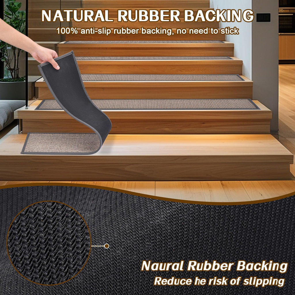 Non Slip Stair Treads for Wooden Steps, Square Rubber Backing Non Slip Stair Landing Mat, Thicken Linen Carpet Stair Runners Indoor, No Residue Stair Carpet Treads, 29"x29", Beige