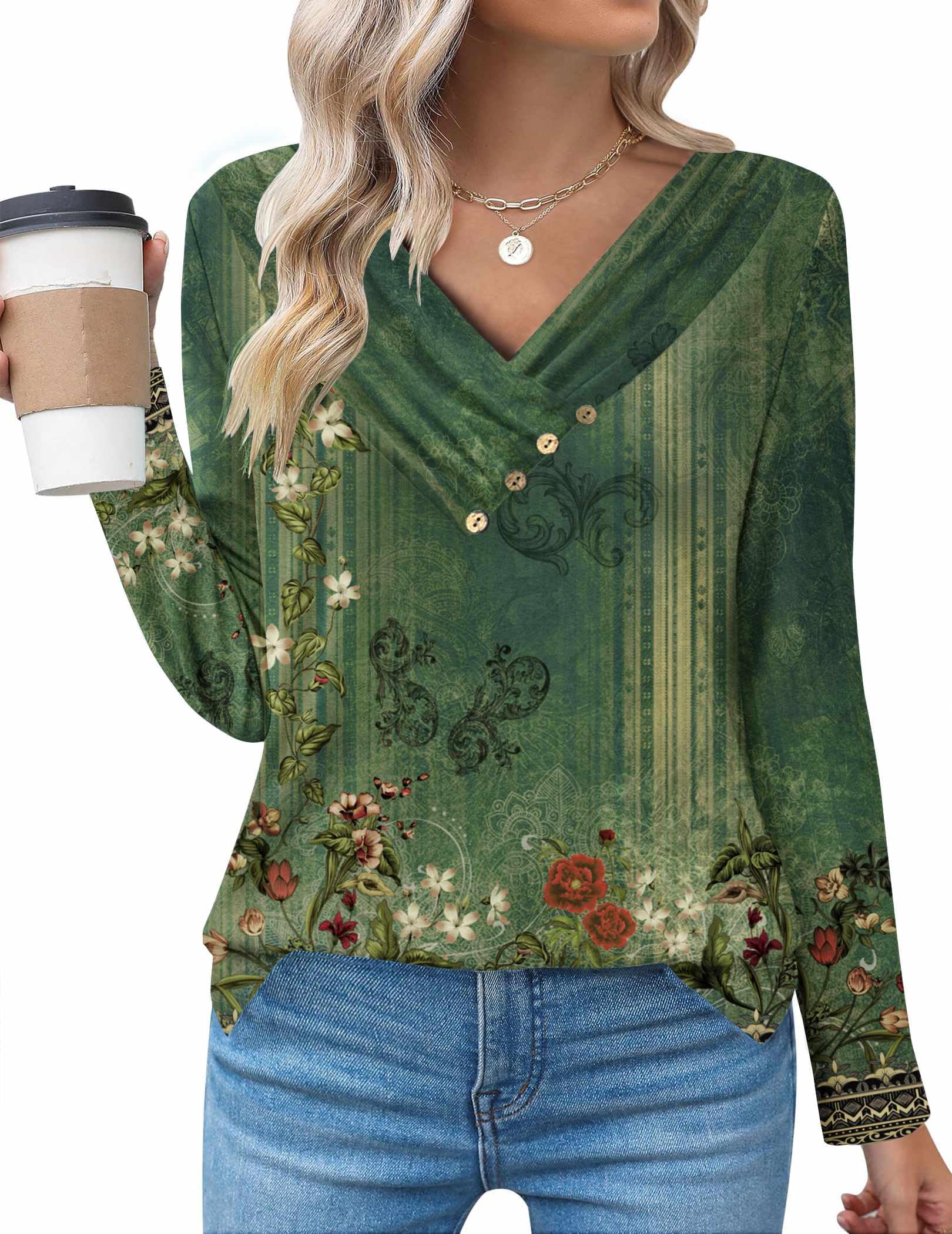 Zeagoo Women's Casual Tunic Tops Long Sleeve Shirts for Leggings V Neck Button Fall Pullover Blouse Loose Sweatshirts