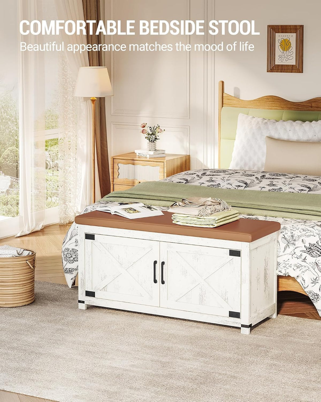Hzuaneri Shoe Storage Bench, 2 Tier Shoe Bench with Padded Seat Cushion & 2 Barn Doors, Entryway Bench with Adjustable Shelf, Farmhouse Shoe Cabinet for Living Room, Bedroom, Antique White SB26214KA