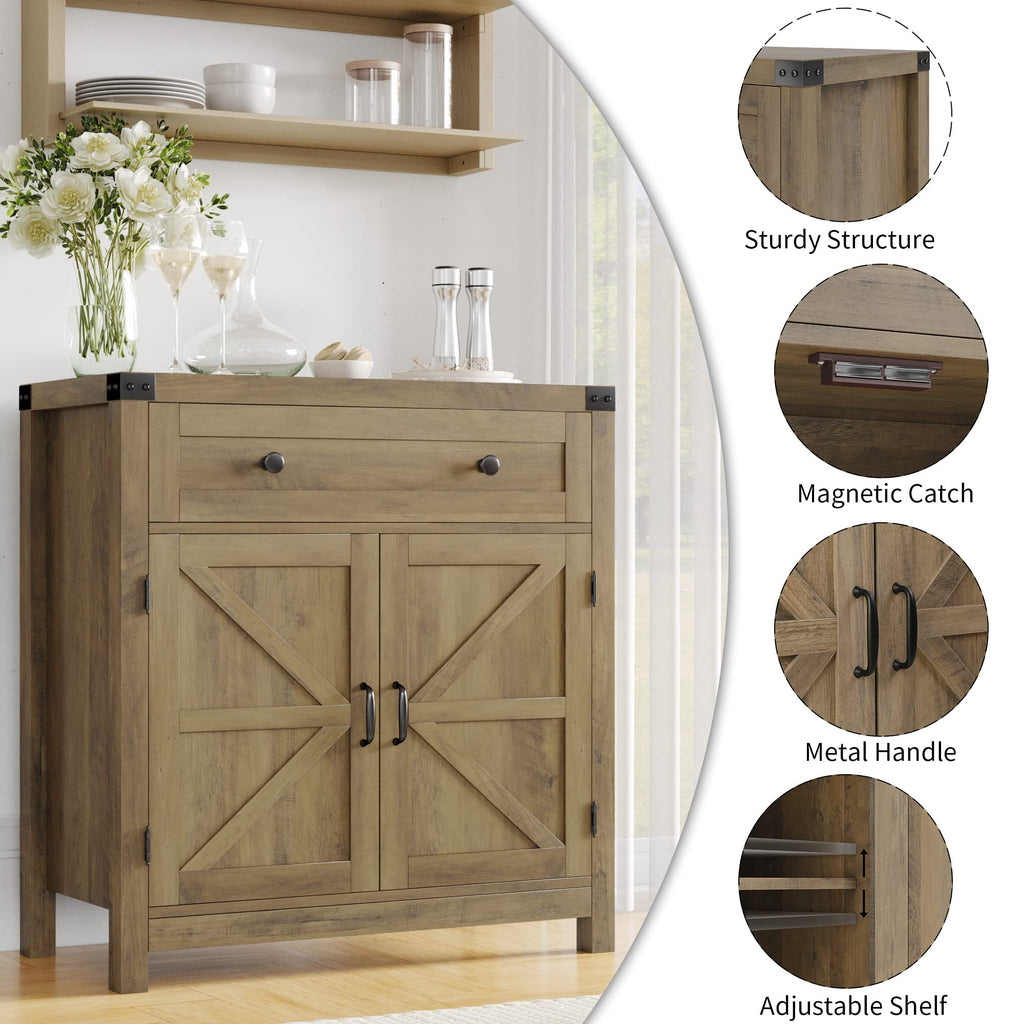 HOSTACK Coffee Bar Cabinet, Kitchen Storage Cabinet, Modern Farmhouse Buffet Sideboard with Drawer and Adjustable Shelf, Barn Door Accent Cabinets for Kitchen, Dining Room, Entryway, Ash Grey