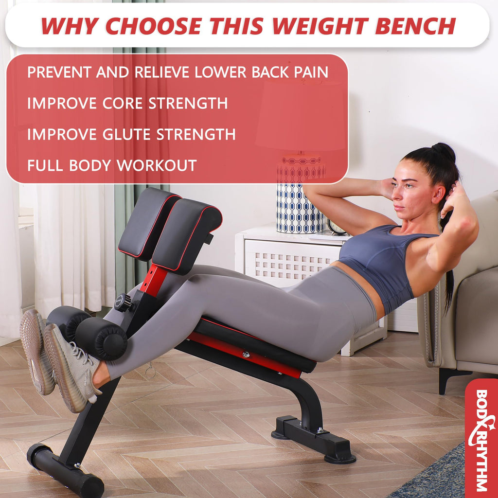 BODYRHYTHM Compact Adjustable Weight Bench for Full Body Strength Training, Ab/Back Hyper Roman Chair, Adjustable Ab Sit up Bench, Incline Decline Bench, Flat Bench, Hyperextension Bench, Back Extension Machine