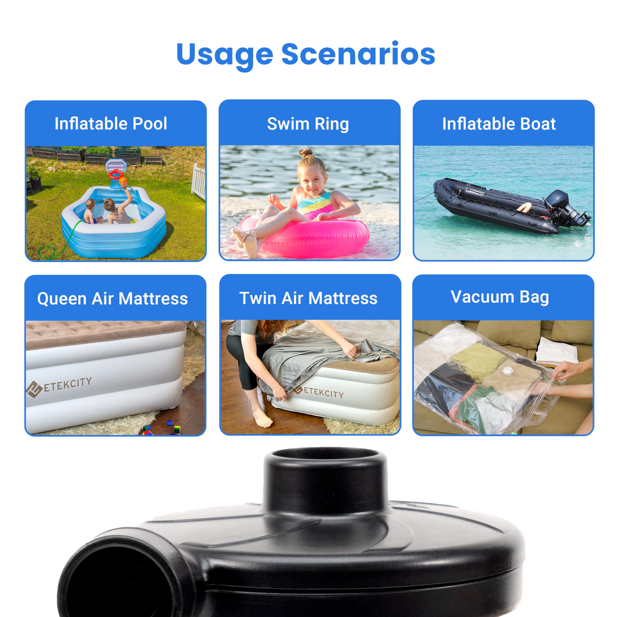 Etekcity Air Pump for Inflatables, Portable Electric Air Mattress Pump, Quick-Fill Perfect Inflator/Deflator for Couch, Blow up Pool Floats Raft Bed Boat Toy with Nozzles, 110-120V, Black