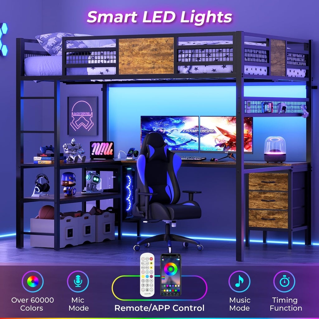 ADORNEVE Loft Bed Full Size with L-Shaped Desk, 3 Storage Drawers, Power Outlet, 3 Storage Shelves, Metal Loft Bed Frame with RGB Lights, Bed with Safety Guardrail & Ladders,Space-Saving, Grey
