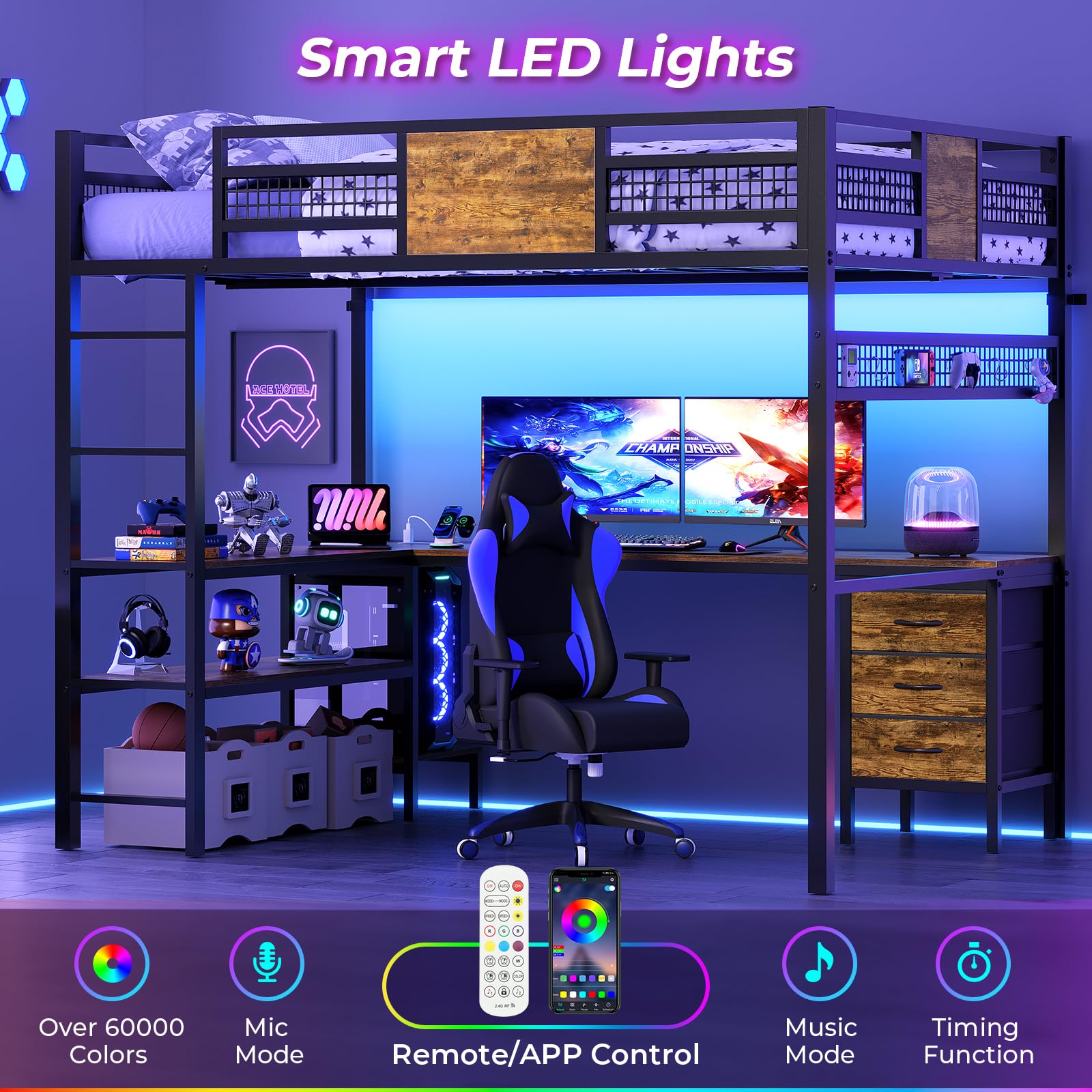 ADORNEVE Loft Bed Full Size with L-Shaped Desk, 3 Storage Drawers, Power Outlet, 3 Storage Shelves, Metal Loft Bed Frame with RGB Lights, Bed with Safety Guardrail & Ladders,Space-Saving, Grey
