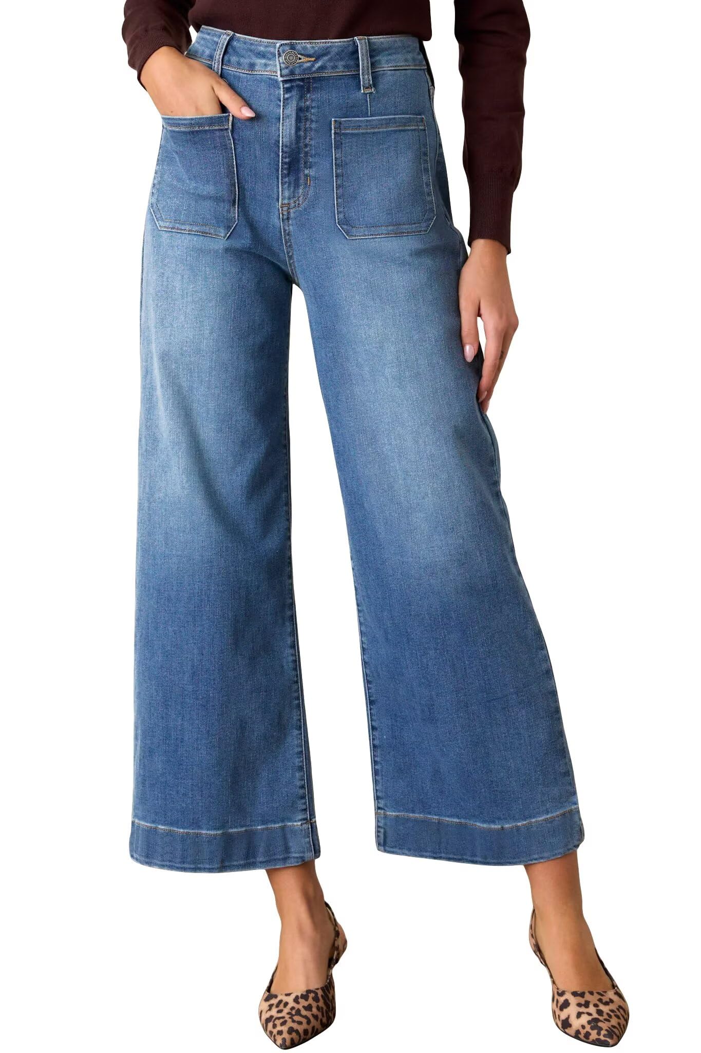 Allimy Women's High Waisted Cropped Wide Leg Jeans Stretchy Loose Denim Pants with Front Patch Pockets