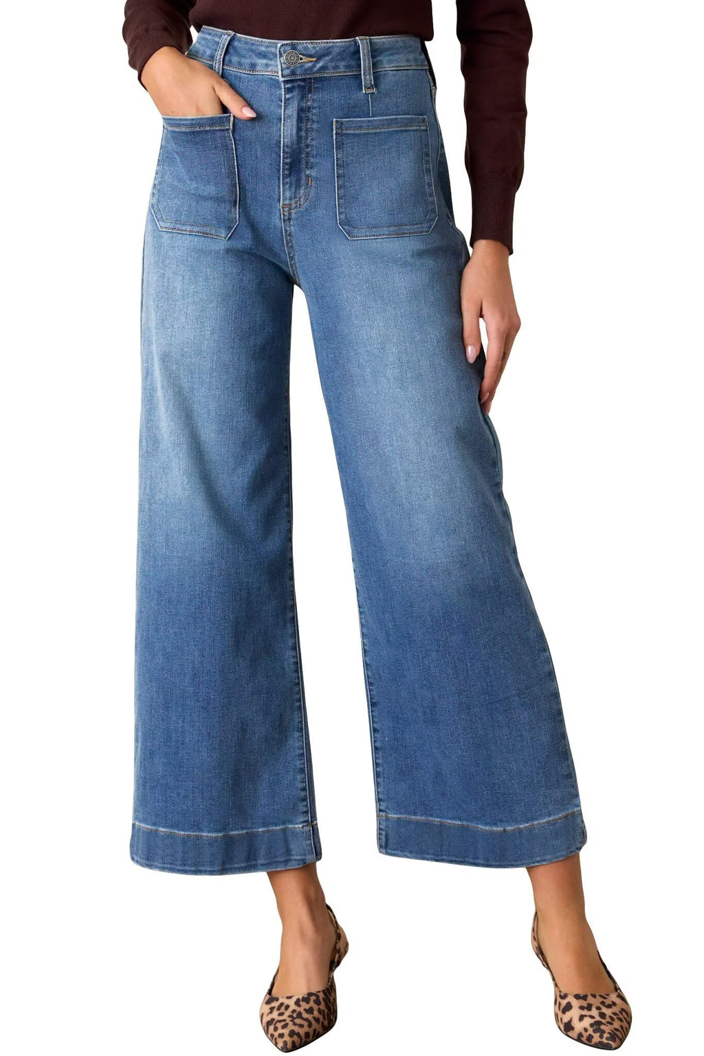 Allimy Women's High Waisted Cropped Wide Leg Jeans Stretchy Loose Denim Pants with Front Patch Pockets