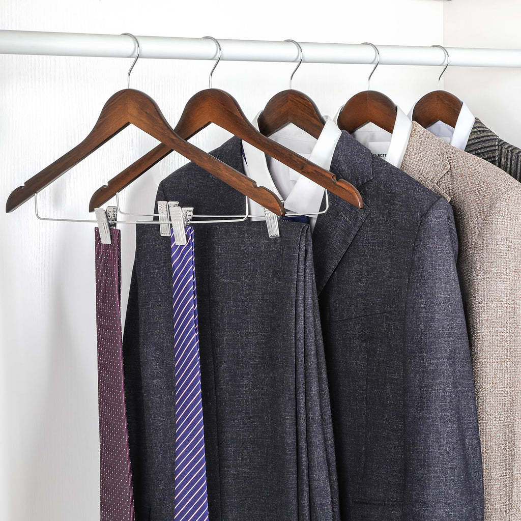 TOPIA HANGER Wooden Suit Hangers with Adjustable Metal Clips (10 Pack), Solid Wood Clothes Hangers, 360° Swivel Hook, Premium Retro Finish Pants Hangers for Clothes Coat, Jeans, Blouse-CT28A