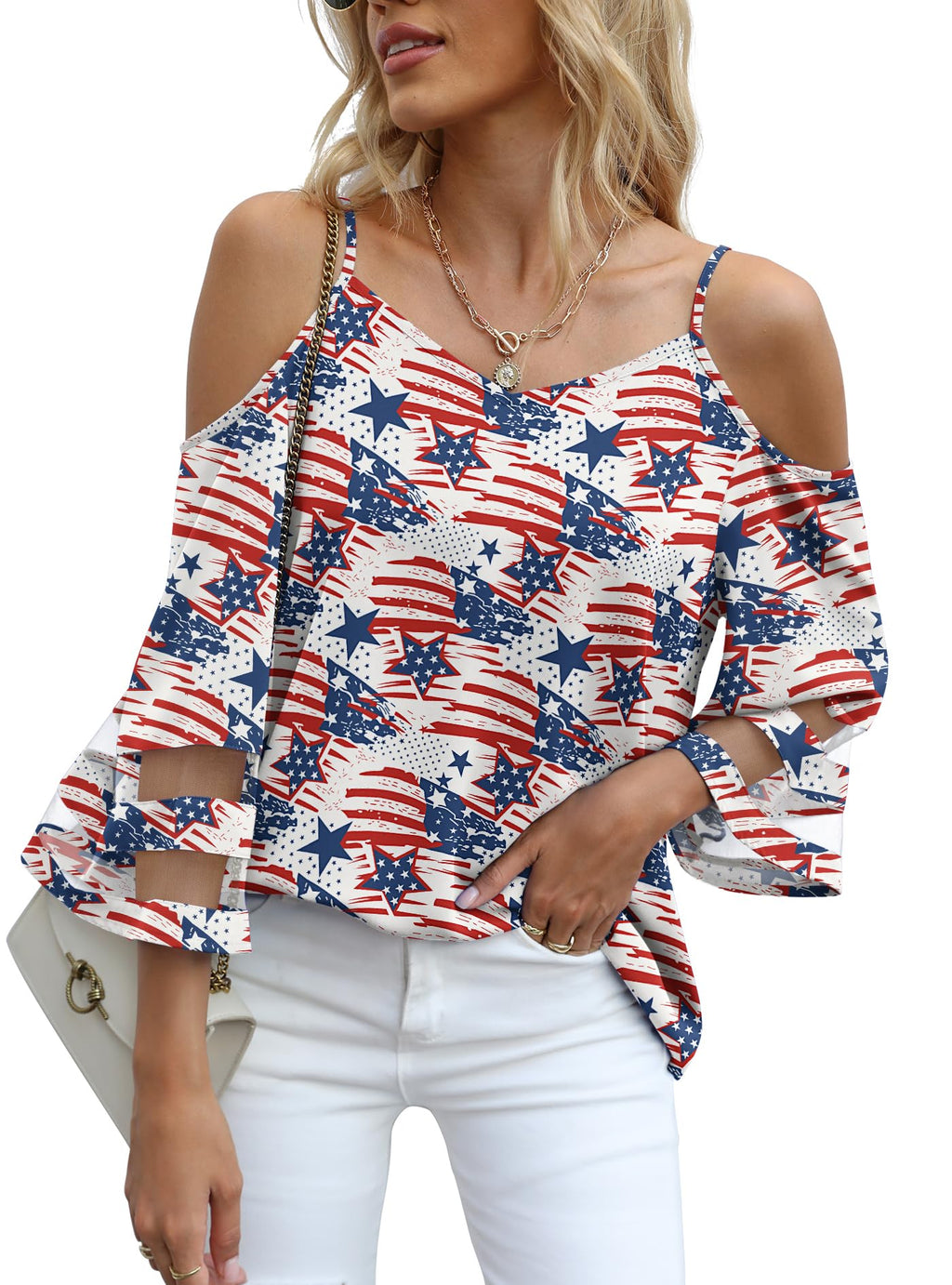 Jouica Womens Summer Cold Shoulder Tops Mesh Panel 3/4 Bell Sleeve Tees Adjustable Spaghetti Strap Loose Fit Shirts