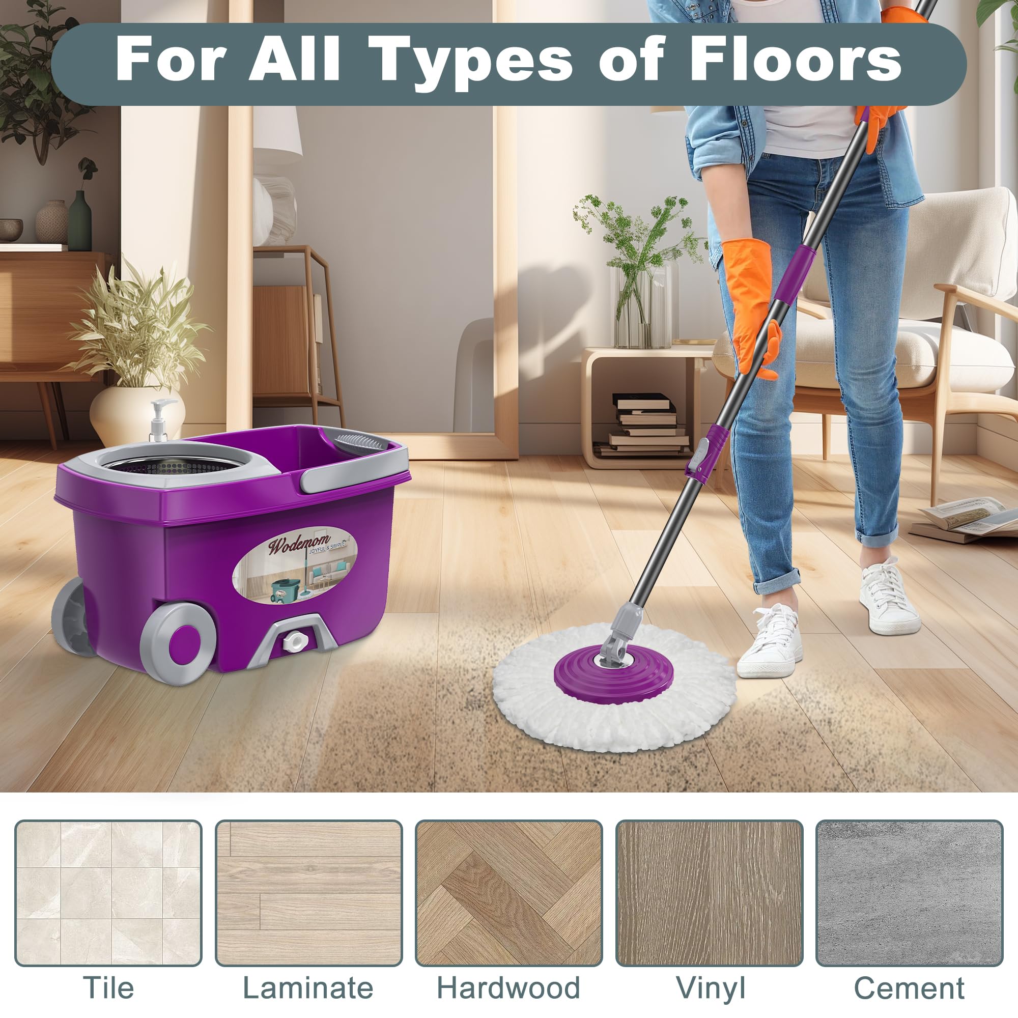 Dual Compartment Spin Mop and Bucket, Mop and Bucket with Wringer Set,360°Rotating Spinning Mopping for Floor Cleaning with 6 Microfiber Replacement Heads, 61" Extended Handle, 2X Wheel - Deep Green