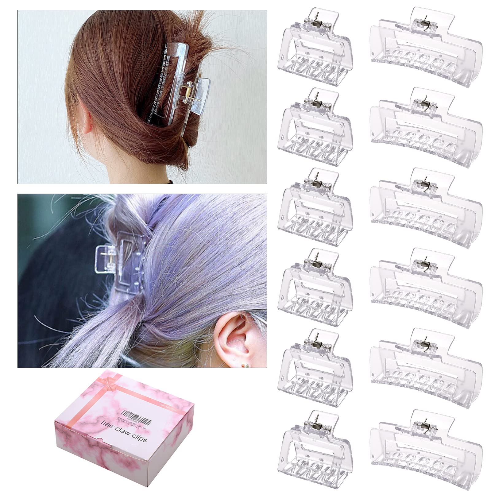 12 Pack Black Square Claw Clips, Big and Small Neutral Rectangle Hair Claw, Non-slip Matte Large Hair Clips for Women,Strong Hold jaw clip for Thick Thin Hair