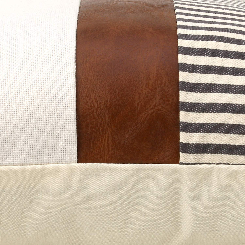 16x16 inch Pillow Covers Set of 2 Farmhouse Decor Stripe Patchwork Linen Throw Pillow Covers Modern Faux Leather Covers for Couch Sofa,Black