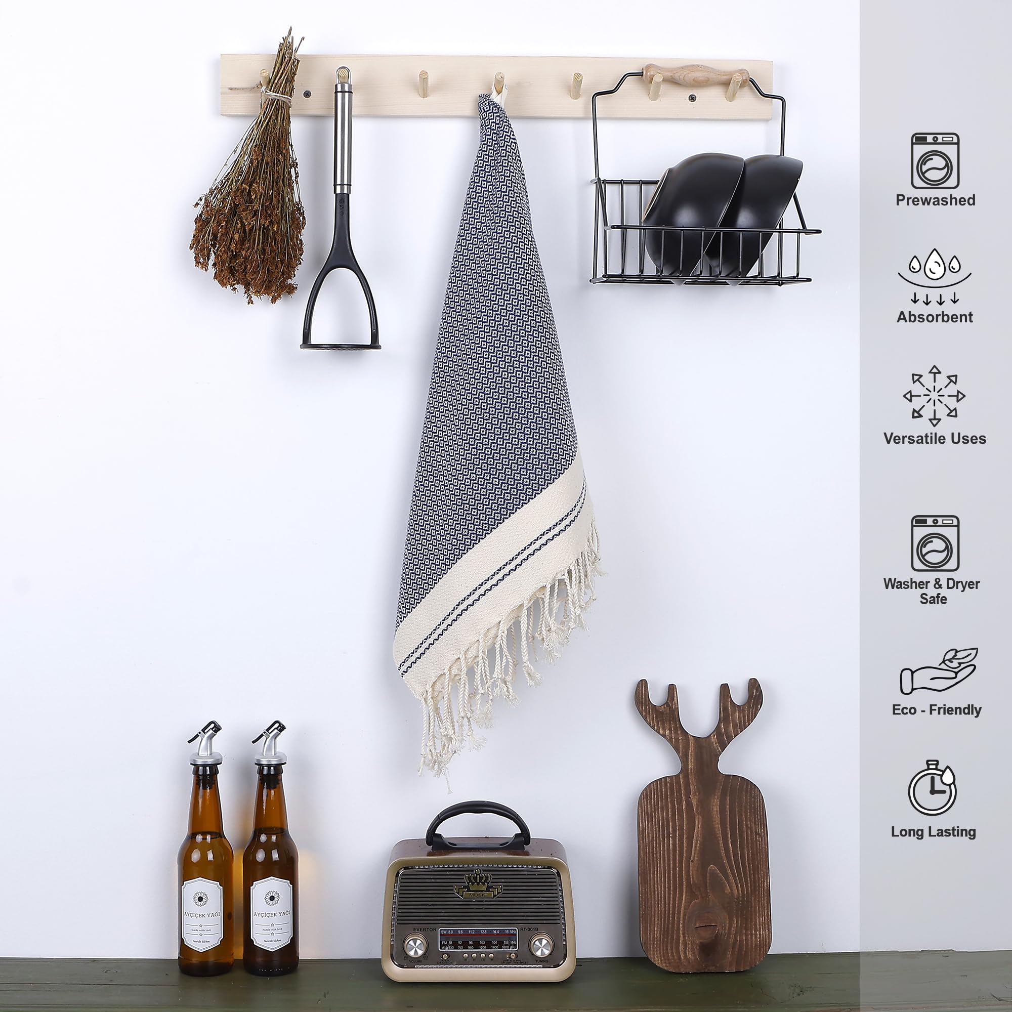 Evelynen Turkish Hand Towels for Bathroom & Kitchen Towels Decorative Set of 2 | Boho Farmhouse Hand Towels with Hanging Loops for Face, Tea, Dish, Kitchen & Bath | %100 Cotton (16" x 32" - Beige)