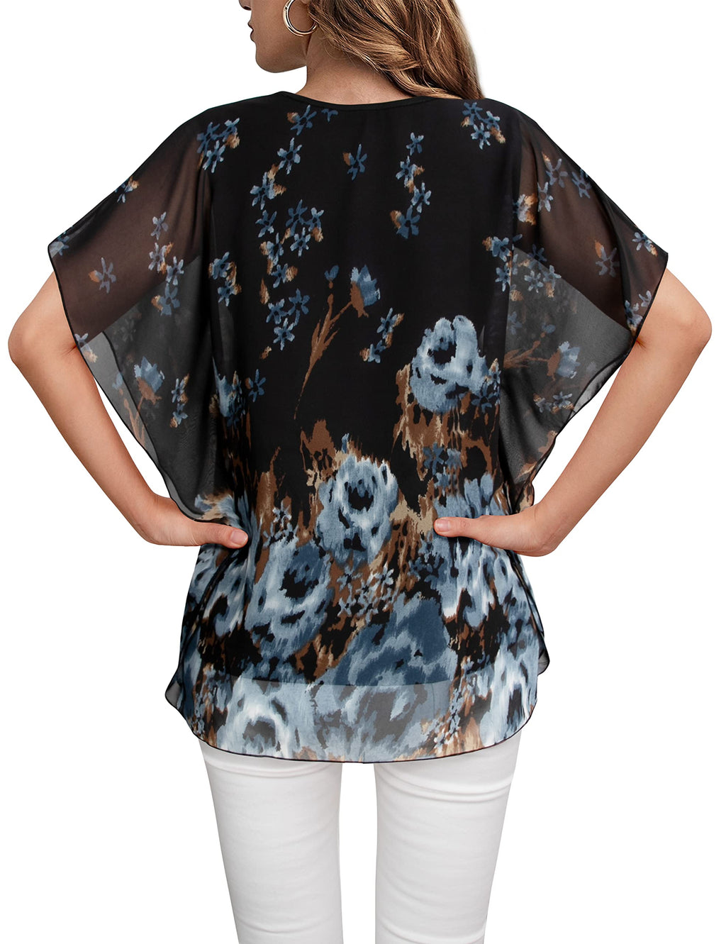 Lotusmile Women's Loose Flouncing Flutter Sleeve Double-Layered Shirt Chiffon Elegant Dressy Blouse Work Tops