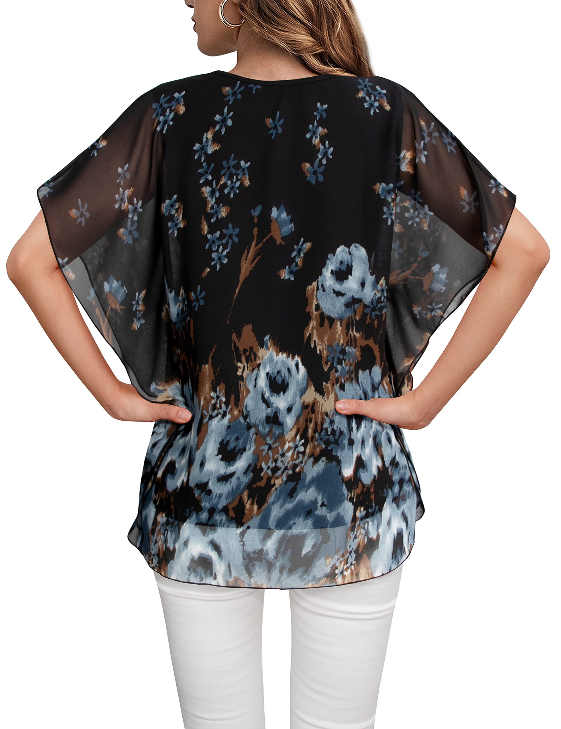 Lotusmile Women's Loose Flouncing Flutter Sleeve Double-Layered Shirt Chiffon Elegant Dressy Blouse Work Tops
