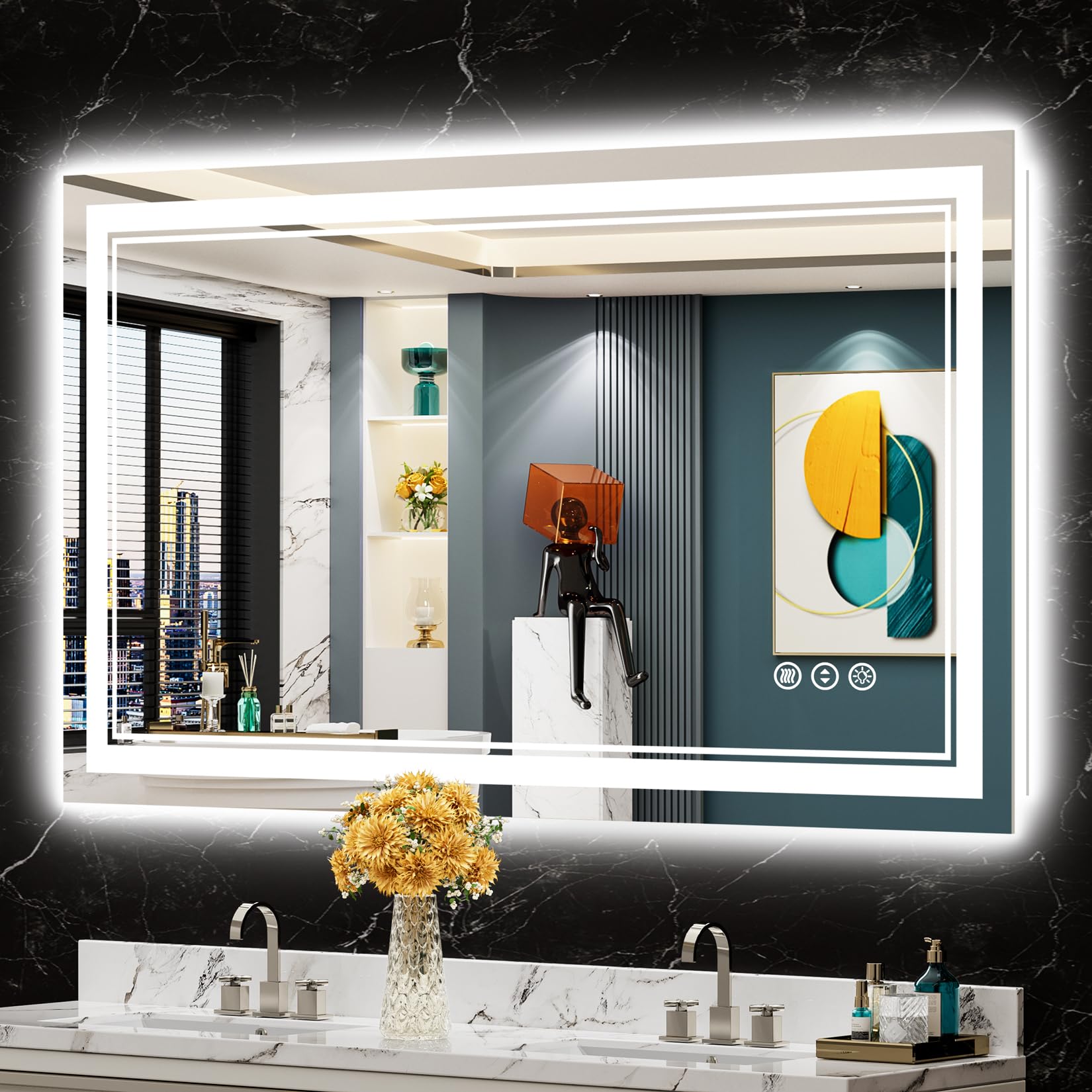 24x32 Black Framed LED Bathroom Mirror with Lights, Backlit and Front Lit Anti-Fog Lighted Vanity Mirrors for Bathroom Wall, Dimmable, 3 Colors, Memory, HD Tempered Glass, Horizontal/Vertical