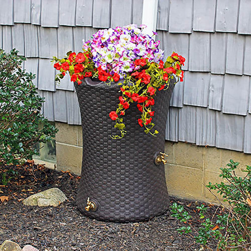 Good Ideas Impressions 50 Gallon Nantucket Outdoor Home Rain Barrel Water Storage Collector with Garden Planter and Brass Spigot, Black (2 Pack)
