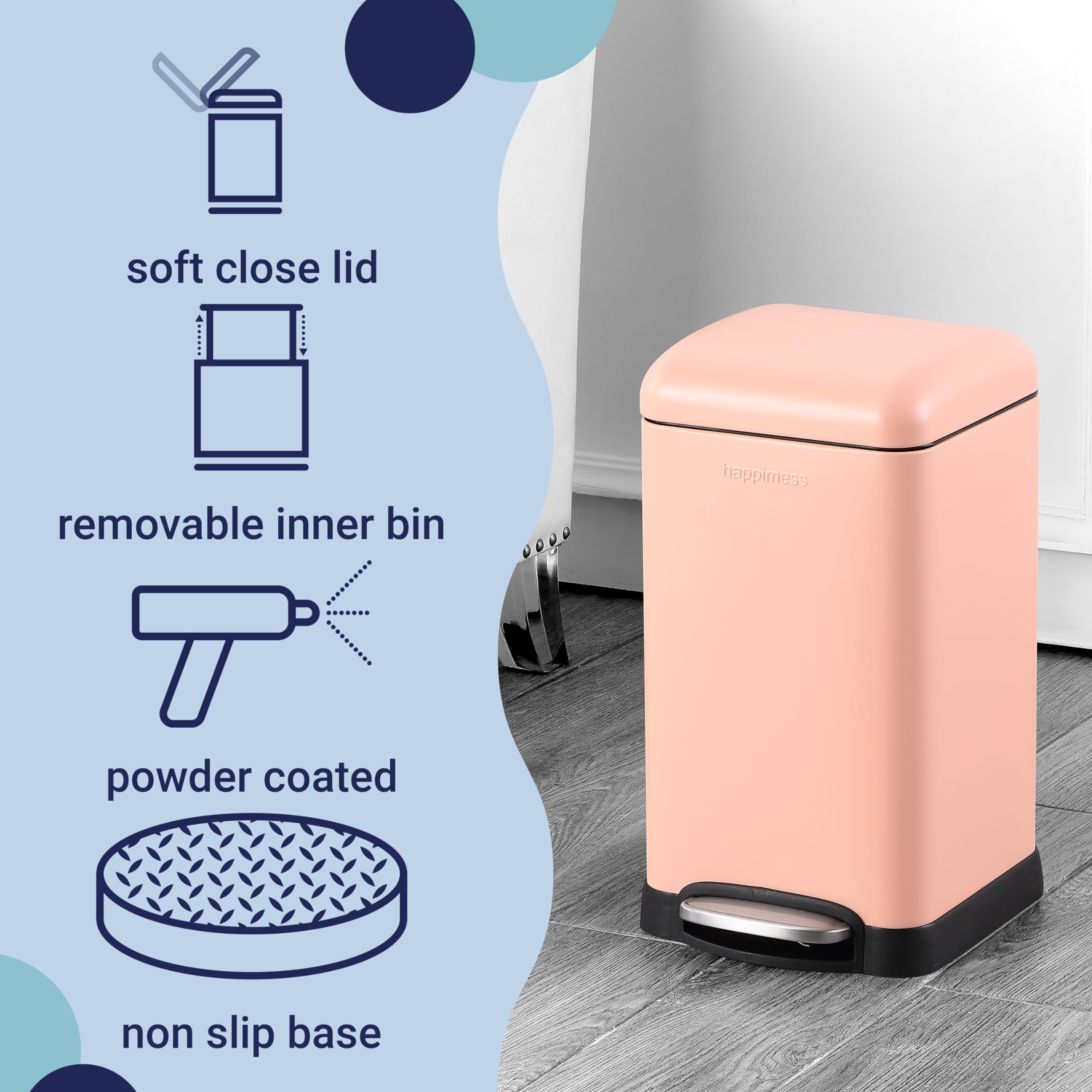 happimess HPM1012B Betty Retro Mini 3.2-Gallon Step-Open Trash Can with Soft-Close Lid, Modern, Minimalistic, Fingerprint Proof for Home, Kitchen, Laundry Room, Office, Bedroom, Bathroom, Black