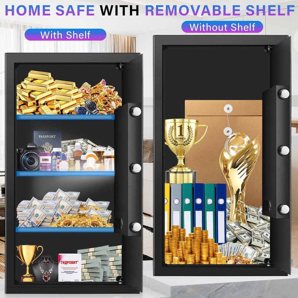 Home Safe Box, Safes with Fireproof Waterproof Bag, 9.84'' H Anti-Theft Digital Security Lock Box with Smart Alert System, Removable Shelf, Mute Function, Document Safes for Jewelry