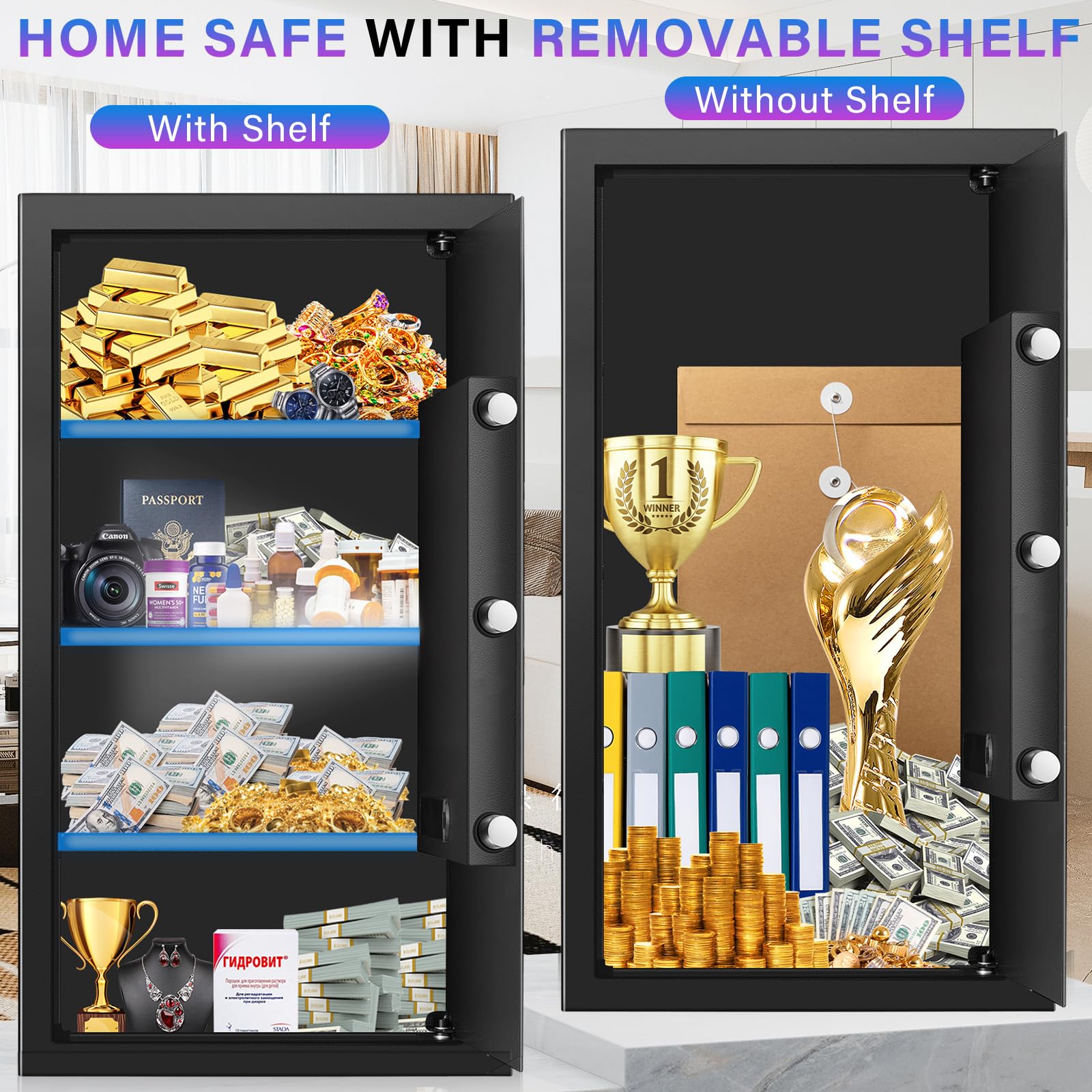 Home Safe Box, Safes with Fireproof Waterproof Bag, 9.84'' H Anti-Theft Digital Security Lock Box with Smart Alert System, Removable Shelf, Mute Function, Document Safes for Jewelry