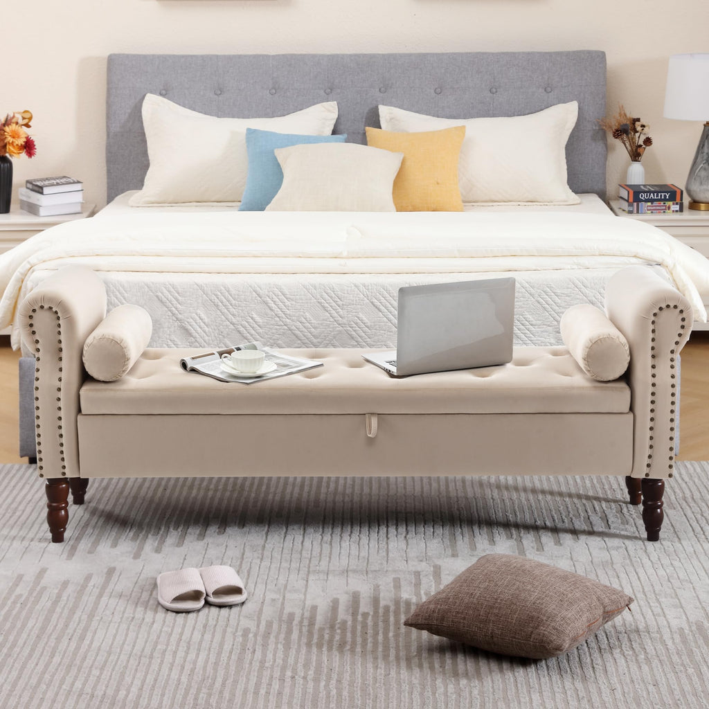 Storage Bench for Bedroom, 67" End of Bed Bench King Size, Velvet Bedroom Bench with Storage, Upholstered Tufted Storage Ottoman Benches with Arms for Bedroom, Entryway, Living Room, Beige