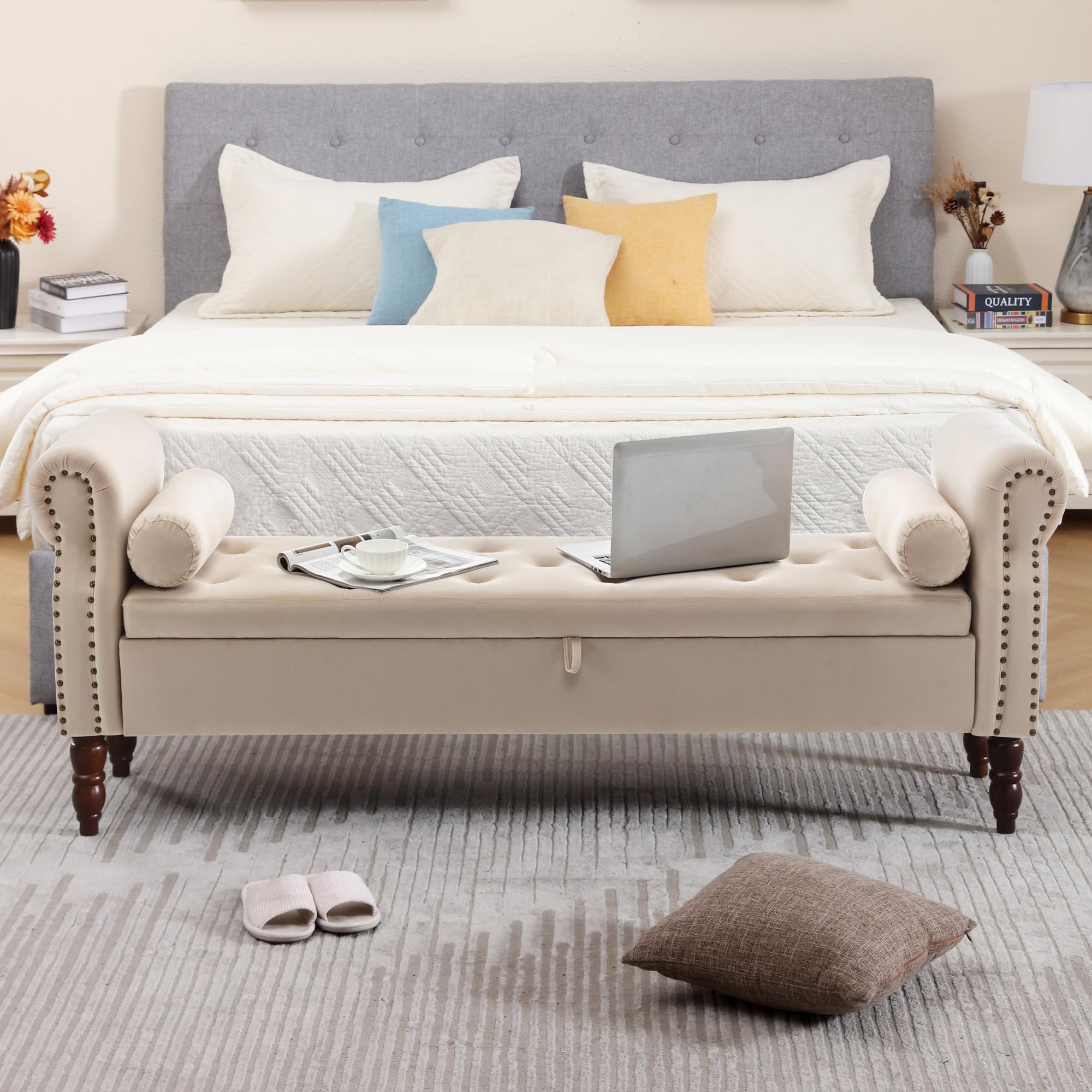 Storage Bench for Bedroom, 67" End of Bed Bench King Size, Velvet Bedroom Bench with Storage, Upholstered Tufted Storage Ottoman Benches with Arms for Bedroom, Entryway, Living Room, Beige