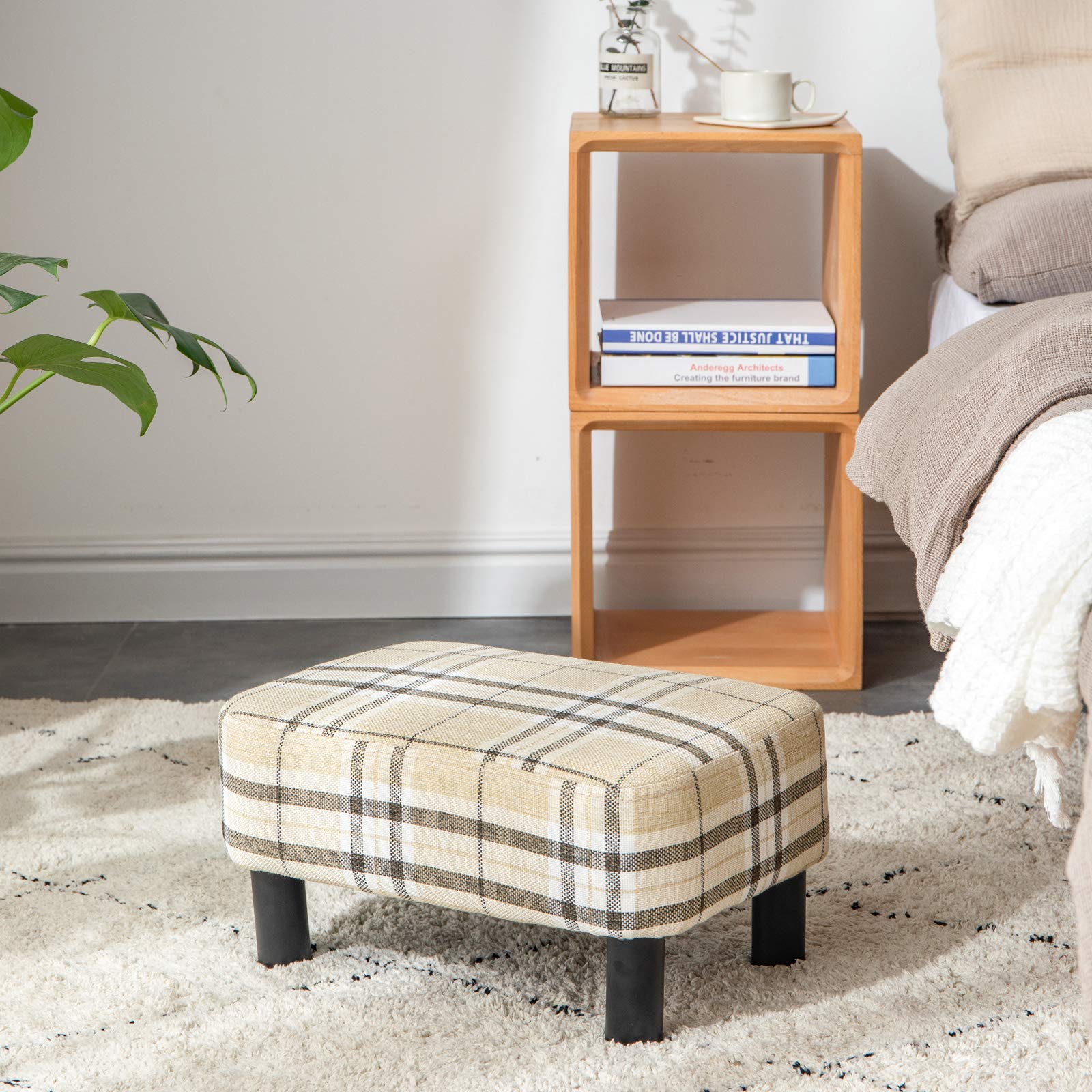 IBUYKE 16.54" Small Footstool, PU Faux Leather Step Stool, with Padded Seat Pine Wood Legs and Padded Rectangular Stool, for Bedroom, Black RF-BD210