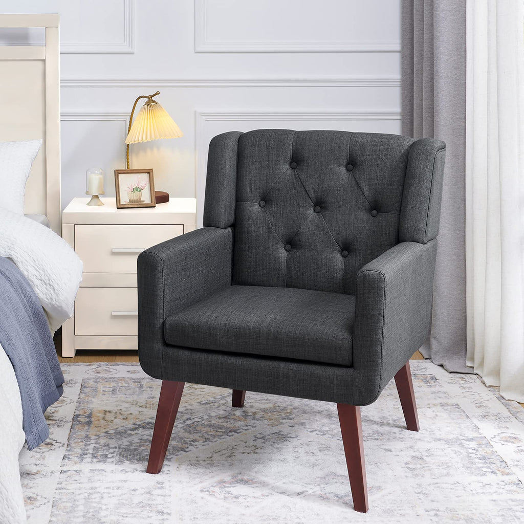Living&Giving Accent Chair Button-Tufted Upholstered Living Room Chairs Comfy Reading Mid Century Modern with Linen Fabric Lounge Arm for Bedroom (Beige) 29.33D x 28.94W x 34.65H Inch