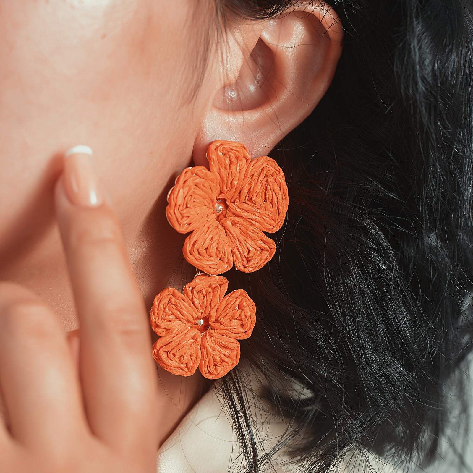 Boho Flower Earrings Statement Raffia Dangle Earrings Cute Floral Jewelry Trendy Summer Beach Vacation Outfits for Women