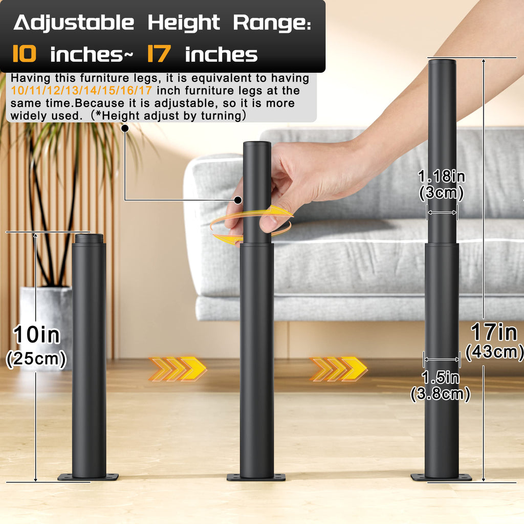 Metal Adjustable Furniture Legs 5.12-9.45 inch, Wlrrcwdttc Sofa Legs Cabinet Legs Adjustable Height Replacement Support Legs for Bed/Couch/Dresser/Chair/Coffee Table, Legs for Furniture Set of 2-Black
