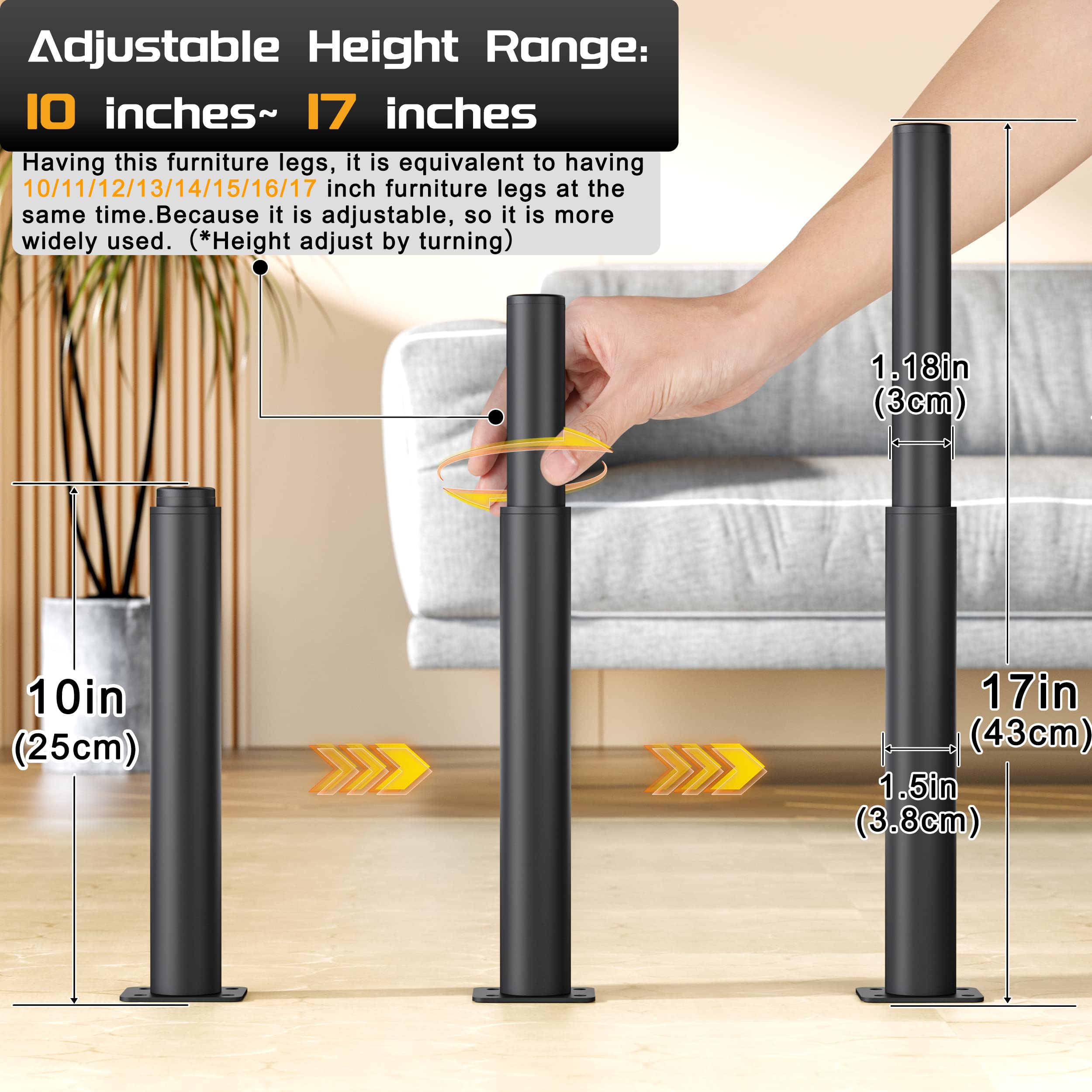 Metal Adjustable Furniture Legs 5.12-9.45 inch, Wlrrcwdttc Sofa Legs Cabinet Legs Adjustable Height Replacement Support Legs for Bed/Couch/Dresser/Chair/Coffee Table, Legs for Furniture Set of 2-Black