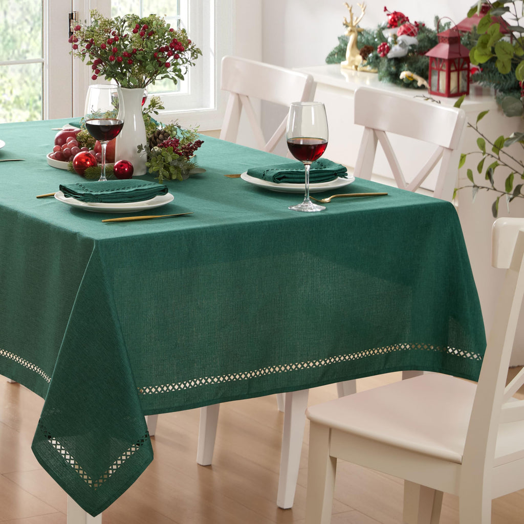 Newbridge Rectangle Fabric Placemats, Set of 4 Placemats, Provence Lattice Cutwork Solid Color Textured, Water and Stain Resistant Easy Care, Denim Blue