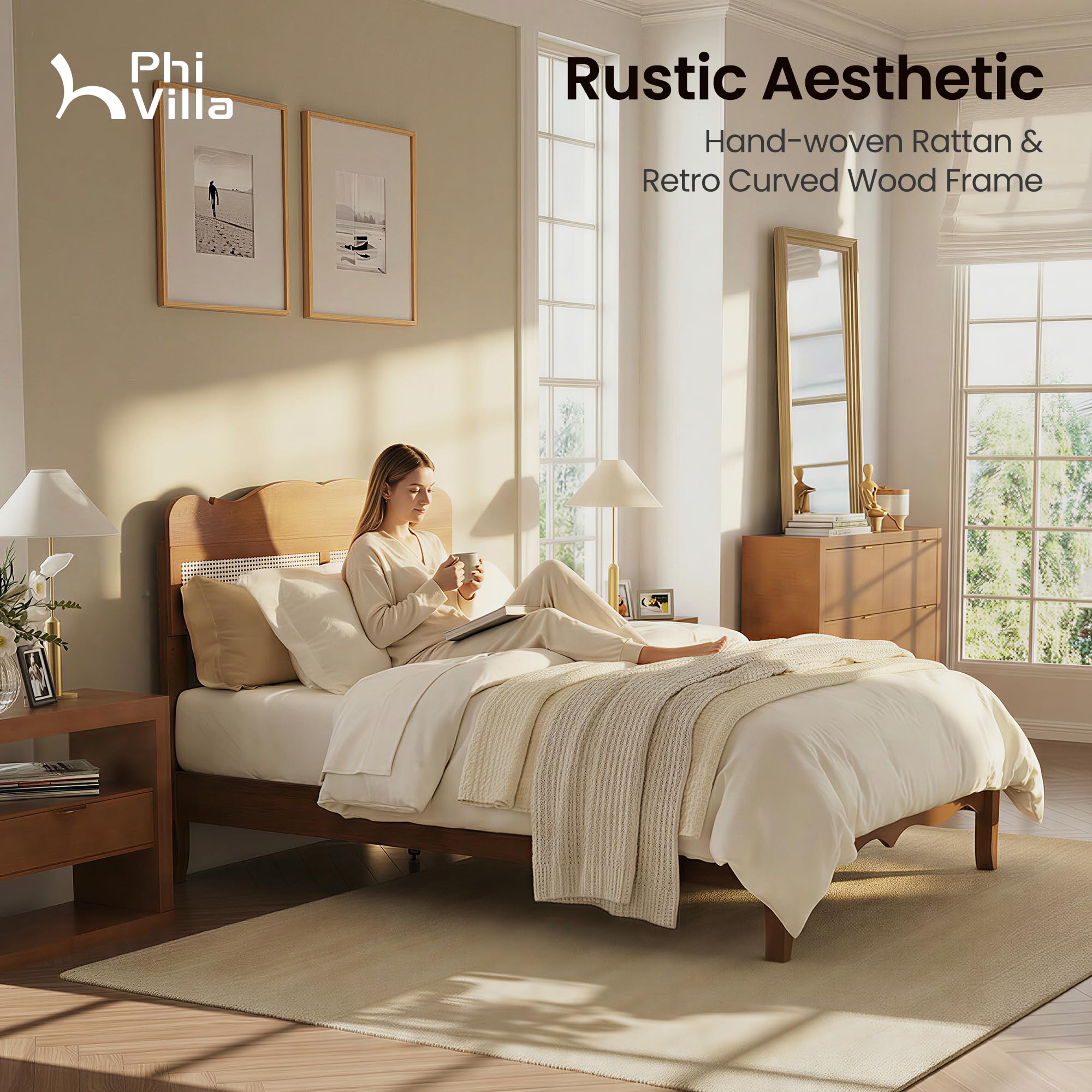 PHI VILLA Full Rattan Bed Frame with Headboard, Mid Century Modern Wooden Bed Frames, No Box Spring Needed, Brown
