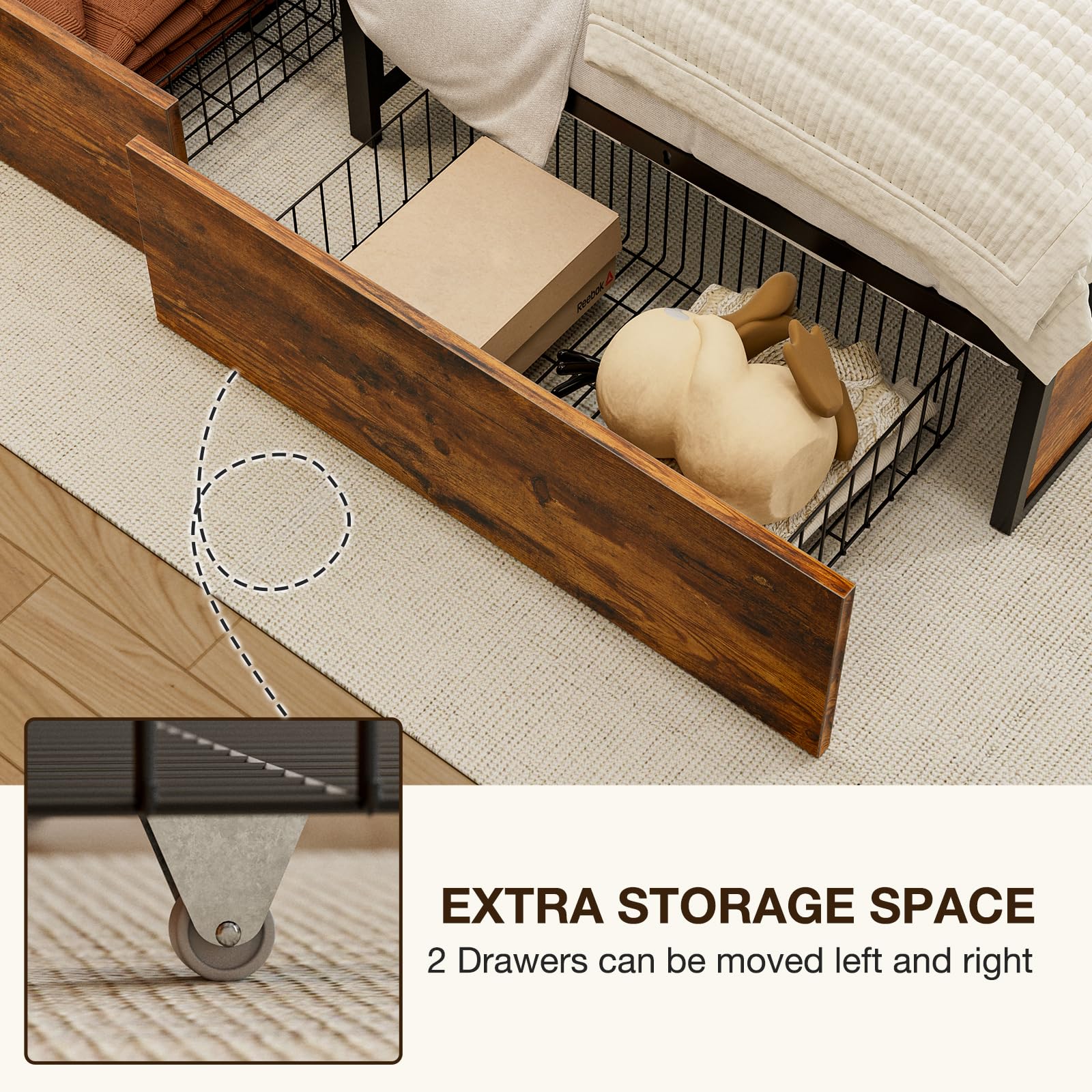 GAZHOME Twin Bed Frame with 2 XL Storage Drawers, Metal Platform Bed Frame with Footboard, 9 Strong Metal Slat Support/No Box Spring Needed/Easy Assembly/Space Saving Wood