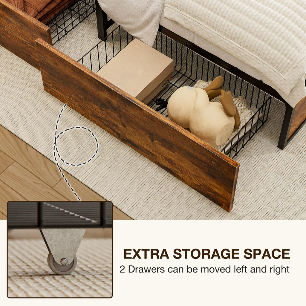 GAZHOME Twin Bed Frame with 2 XL Storage Drawers, Metal Platform Bed Frame with Footboard, 9 Strong Metal Slat Support/No Box Spring Needed/Easy Assembly/Space Saving Wood