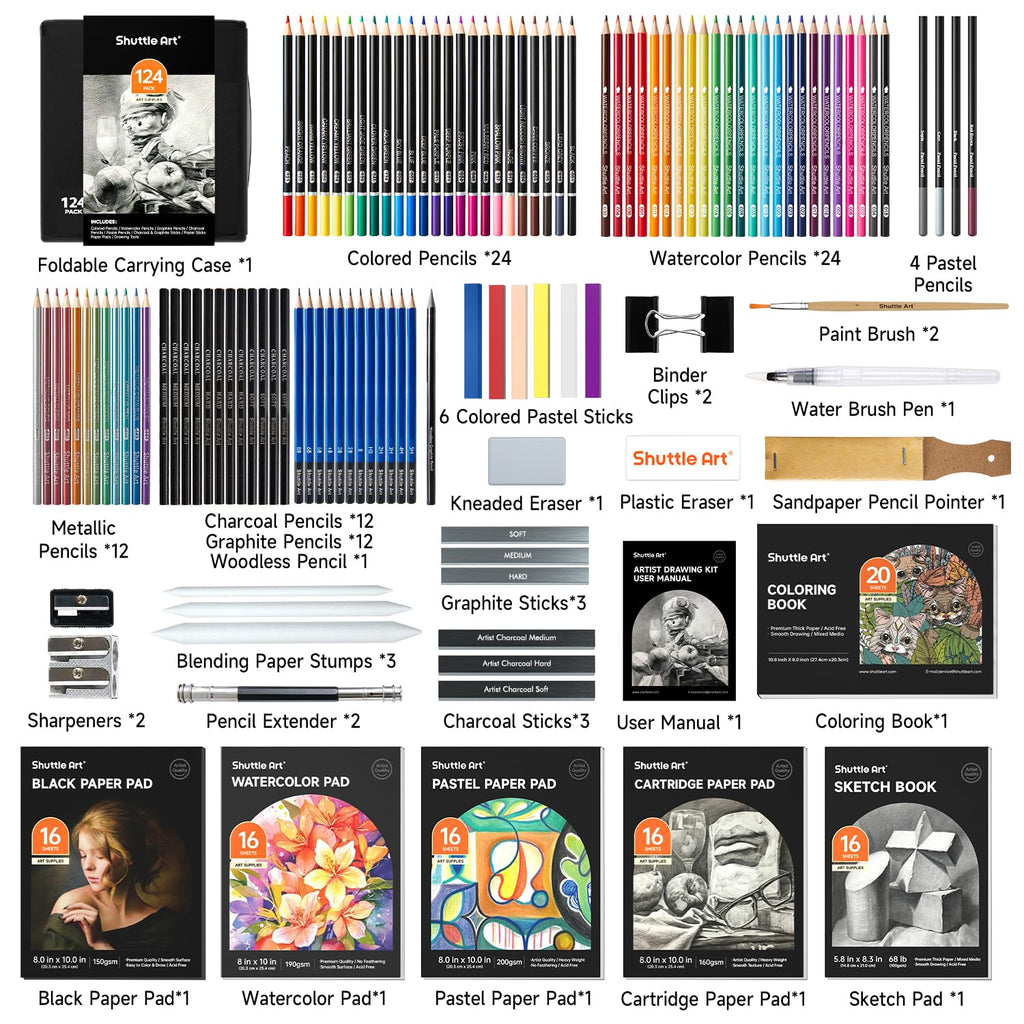 Shuttle Art 103 PCS Drawing Kit, Professional Drawing Supplies with Sketch, Charcoal, Colored, Graphite, Pastel Pencils & Sticks, Complete Drawing Tools and Paper Pads in Zipper Case for Artists&Kids