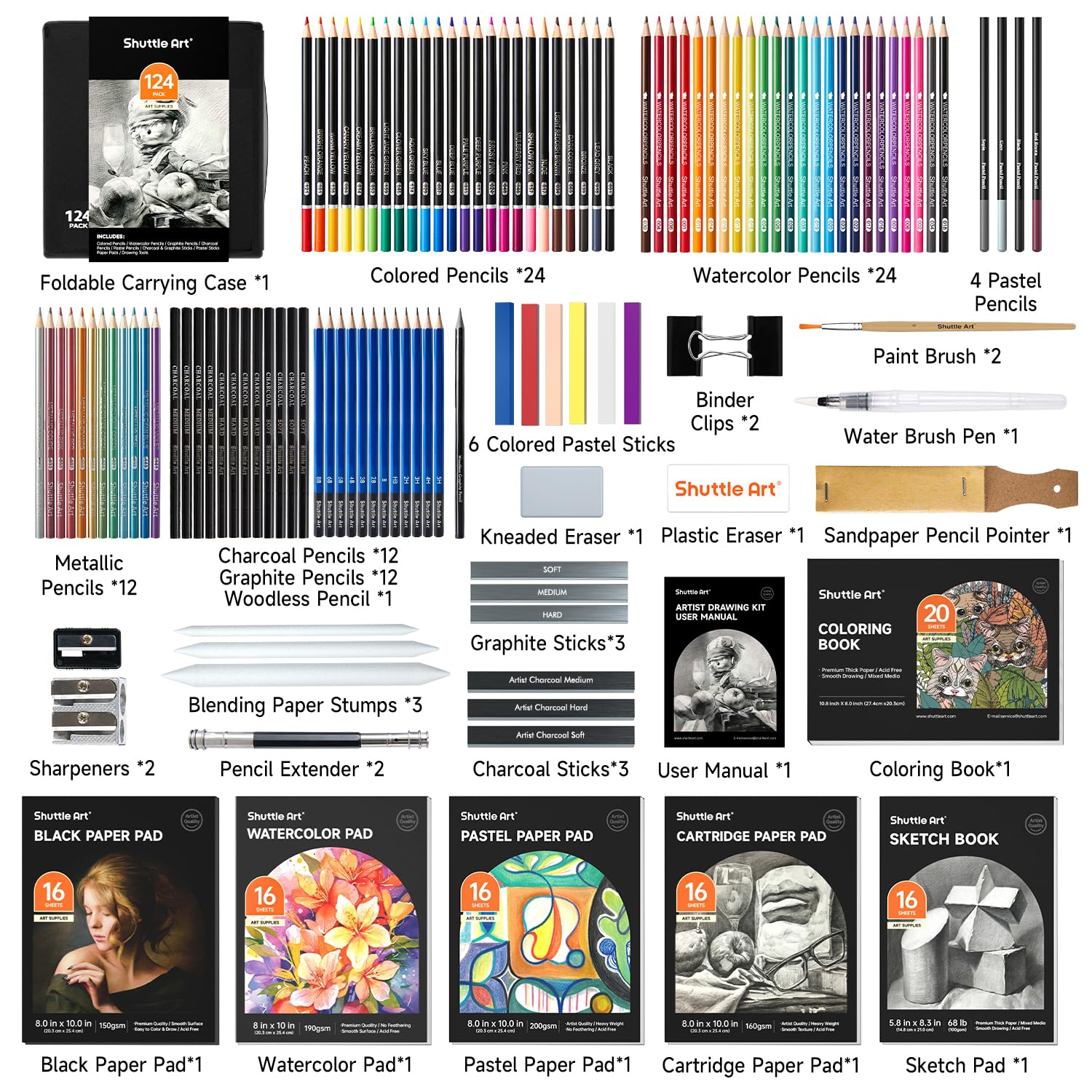 Shuttle Art 103 PCS Drawing Kit, Professional Drawing Supplies with Sketch, Charcoal, Colored, Graphite, Pastel Pencils & Sticks, Complete Drawing Tools and Paper Pads in Zipper Case for Artists&Kids