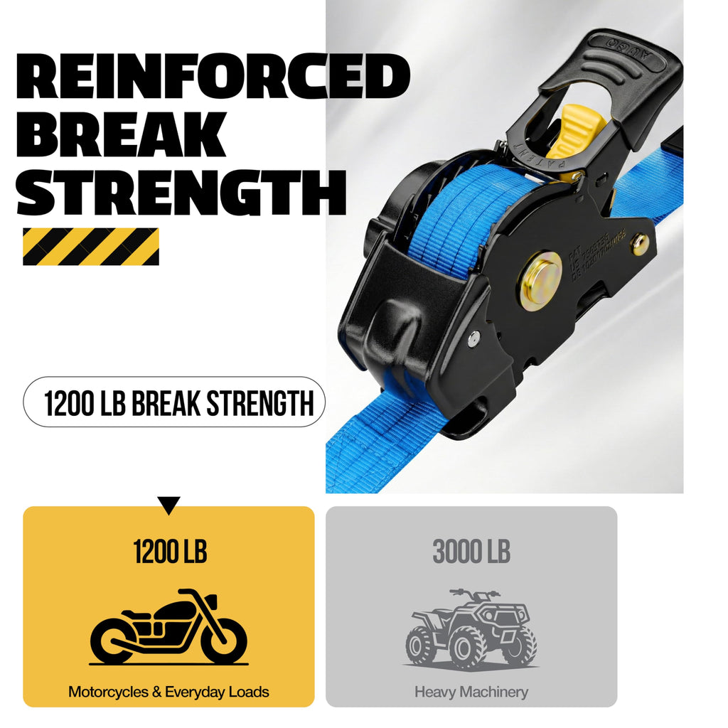 AUGO Retractable Ratchet Straps | 2 Heavy Duty Ratchet Straps Self Retractable Tie Downs with Soft Loops & Storage Bag for Motorcycle, Truck, Trailer, Cargo Van | 1200 Lb Break Strength 1” x 10’