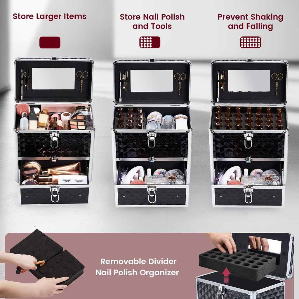 Frenessa Nail Polish Makeup Train Case with Drawer and Dividers Manicure Organizer Accessory Storage Makeup Box With Mirror Lockable Keys Nail Kit Organizer Cosmetic Case Jewelry Box - Black