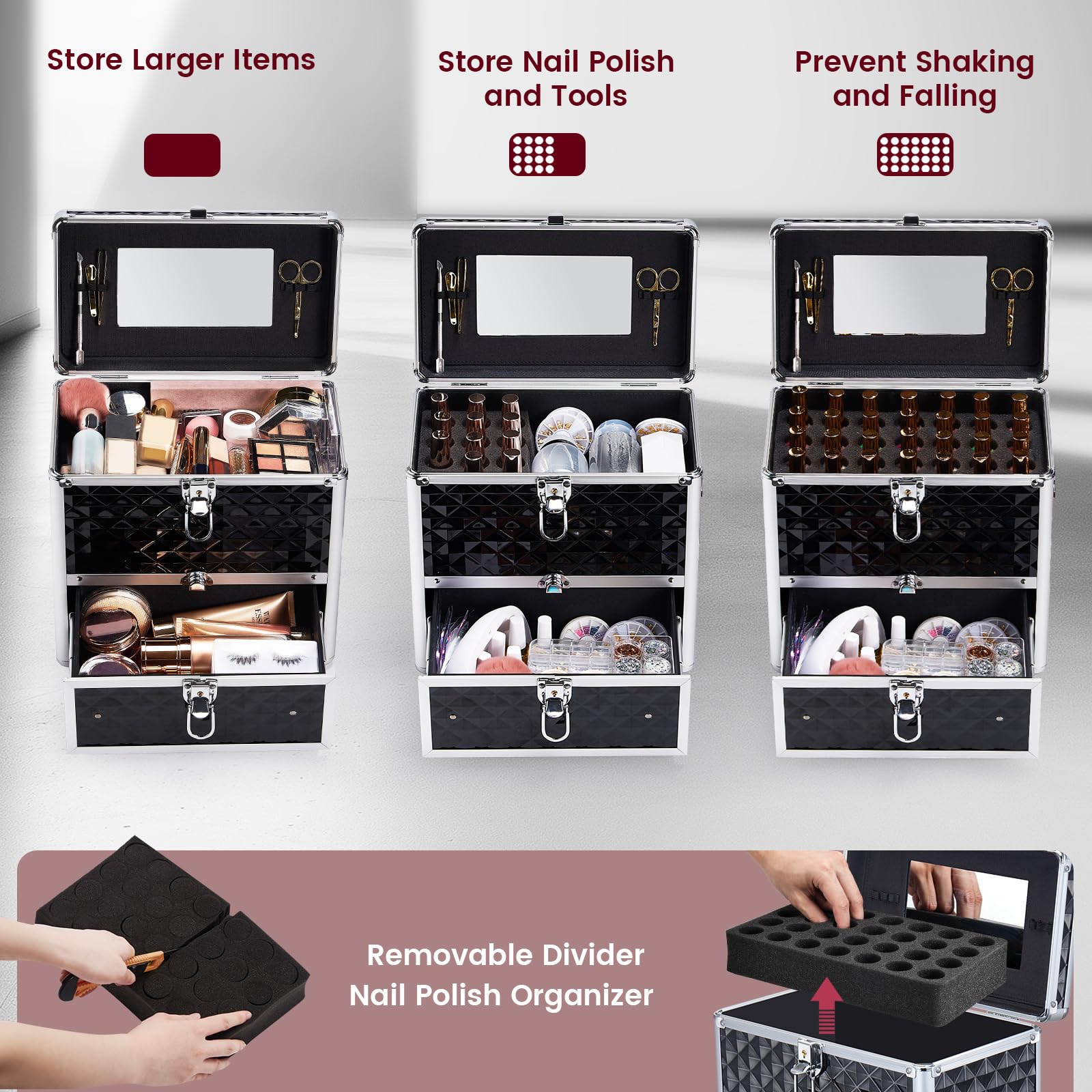 Frenessa Nail Polish Makeup Train Case with Drawer and Dividers Manicure Organizer Accessory Storage Makeup Box With Mirror Lockable Keys Nail Kit Organizer Cosmetic Case Jewelry Box - Black
