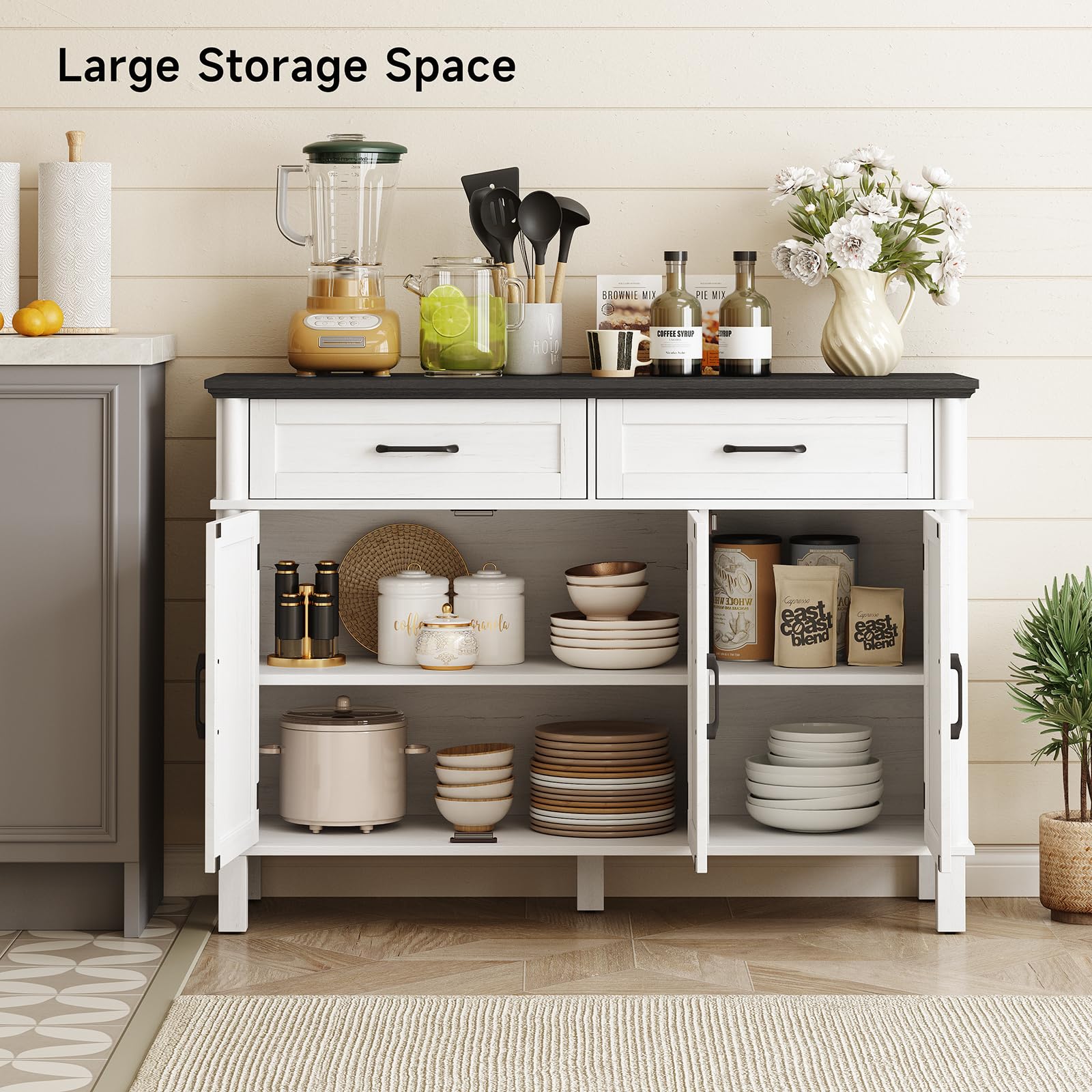 ONBRILL 48 Inches Buffet Cabinet with Storage, Farmhouse Sideboard Buffet w/2 Drawers and 3 Doors, Wood Coffee Bar Cabinet with Adjustable Shelves, Sideboard Storage for Kitchen, Living Room, Black