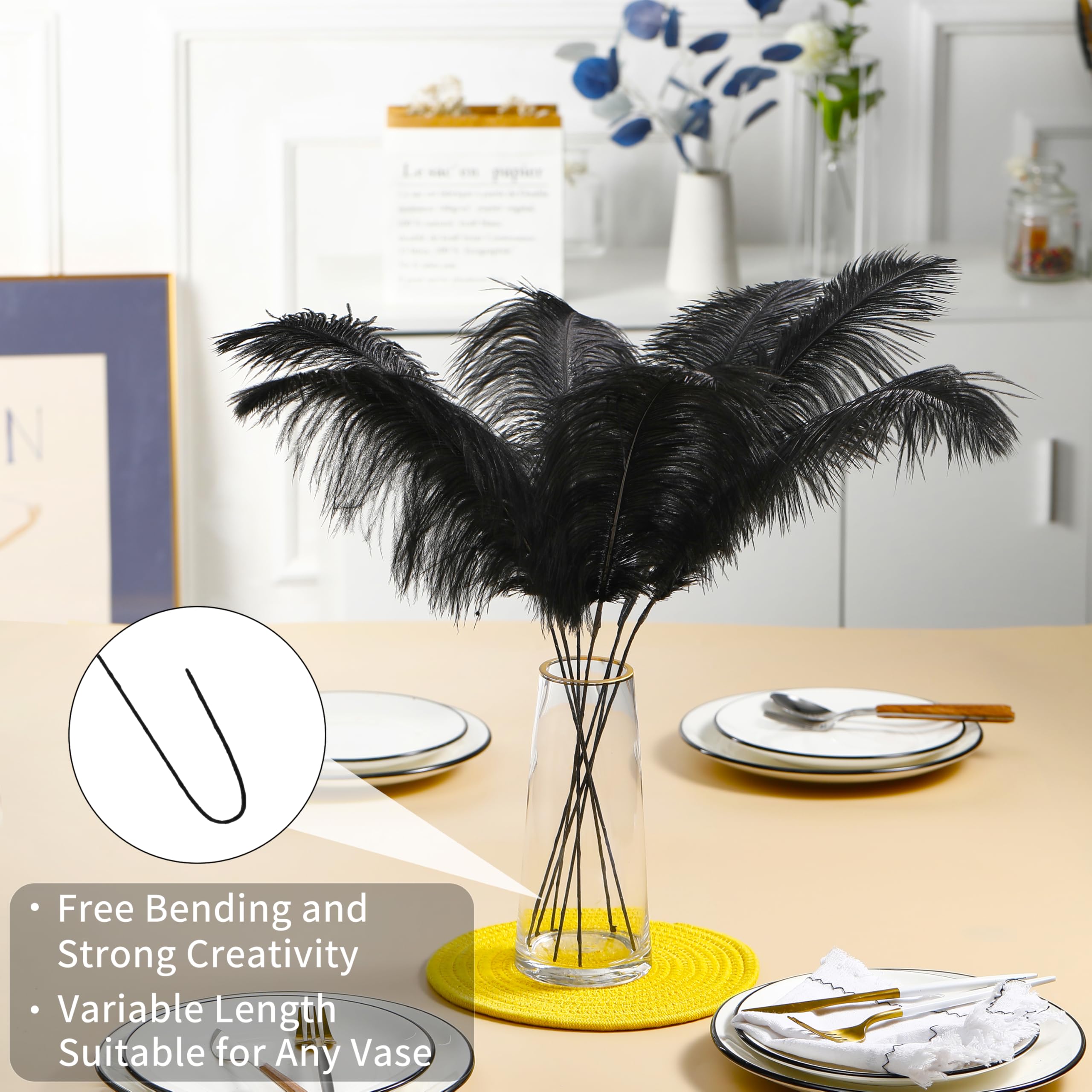 Ballinger Black Ostrich Feathers Bulk - Making Kit 12Pcs 16-18inch Large Ostrich Feathers for Floral Arrangement, Vase, Wedding Party Centerpieces and Halloween Home Decor