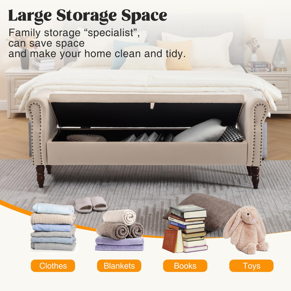 Storage Bench for Bedroom, 67" End of Bed Bench King Size, Velvet Bedroom Bench with Storage, Upholstered Tufted Storage Ottoman Benches with Arms for Bedroom, Entryway, Living Room, Beige