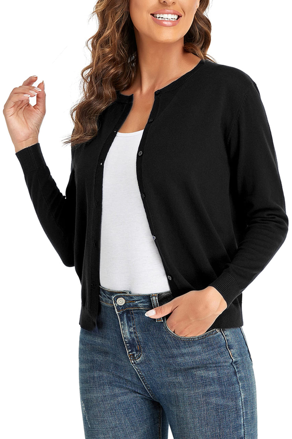 CUNYI Women's Crew Neck Cardigan Long Sleeve Sweater for Women Button Down Soft Knit Ladies Cardigan Sweates Coat