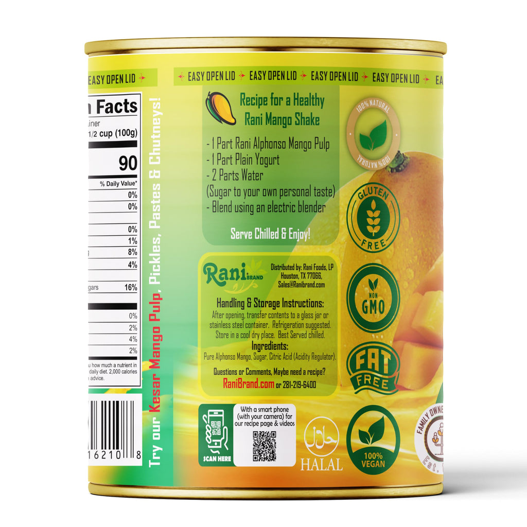 Rani Mango Pulp Puree (Makes Mango Lassi Shakes) Alphonso Sweetened 30oz (1.875lbs) 850g ~ Kosher | All Natural | NON-GMO | Vegan | No colors | Gluten Friendly | Indian Origin