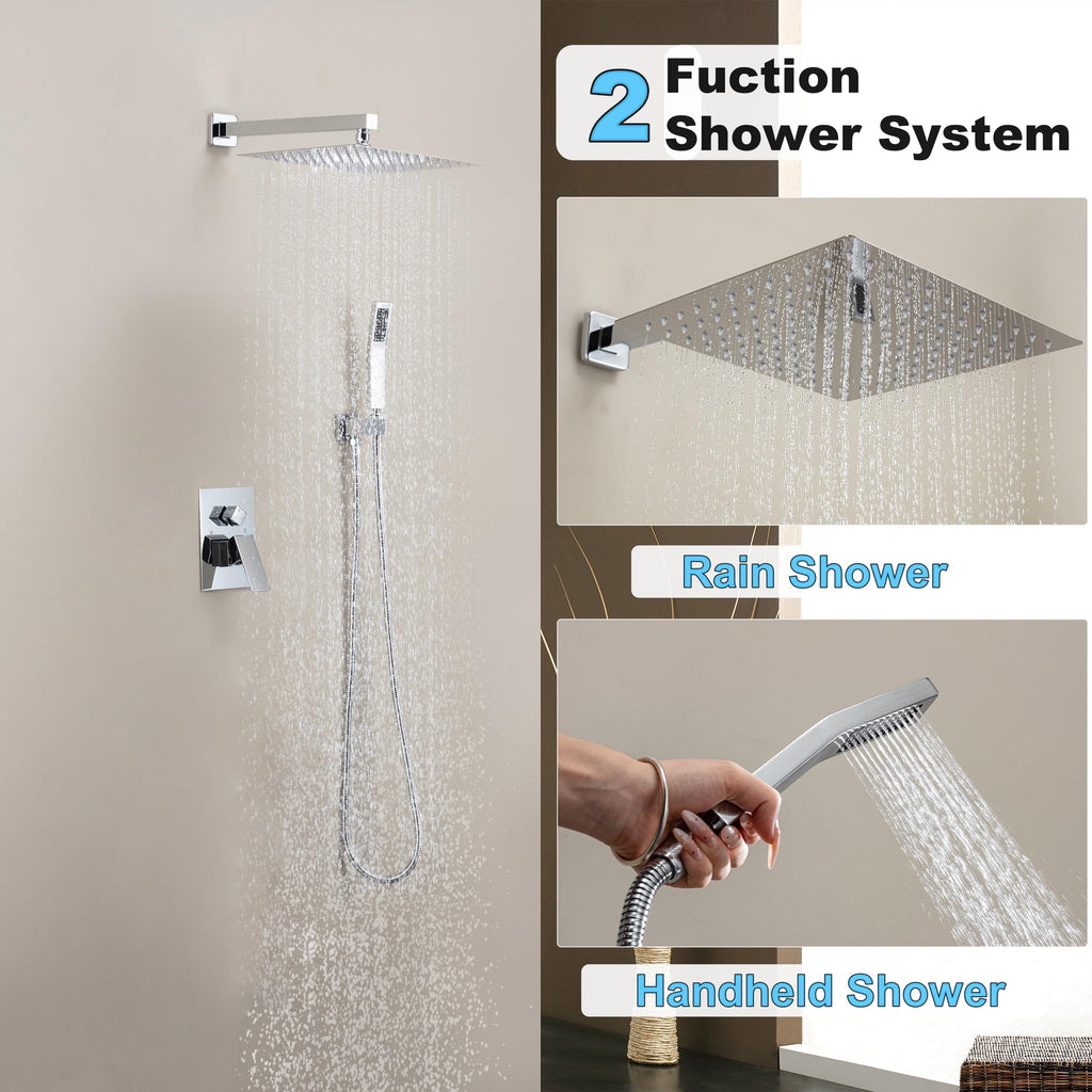 Brushed Gold Shower System with 10-Inch Rain Showerhead and Tub Spout | cUPC-certified pressure balance brass valve to prevent scalding, CEC-certified air injection technology for low pressure